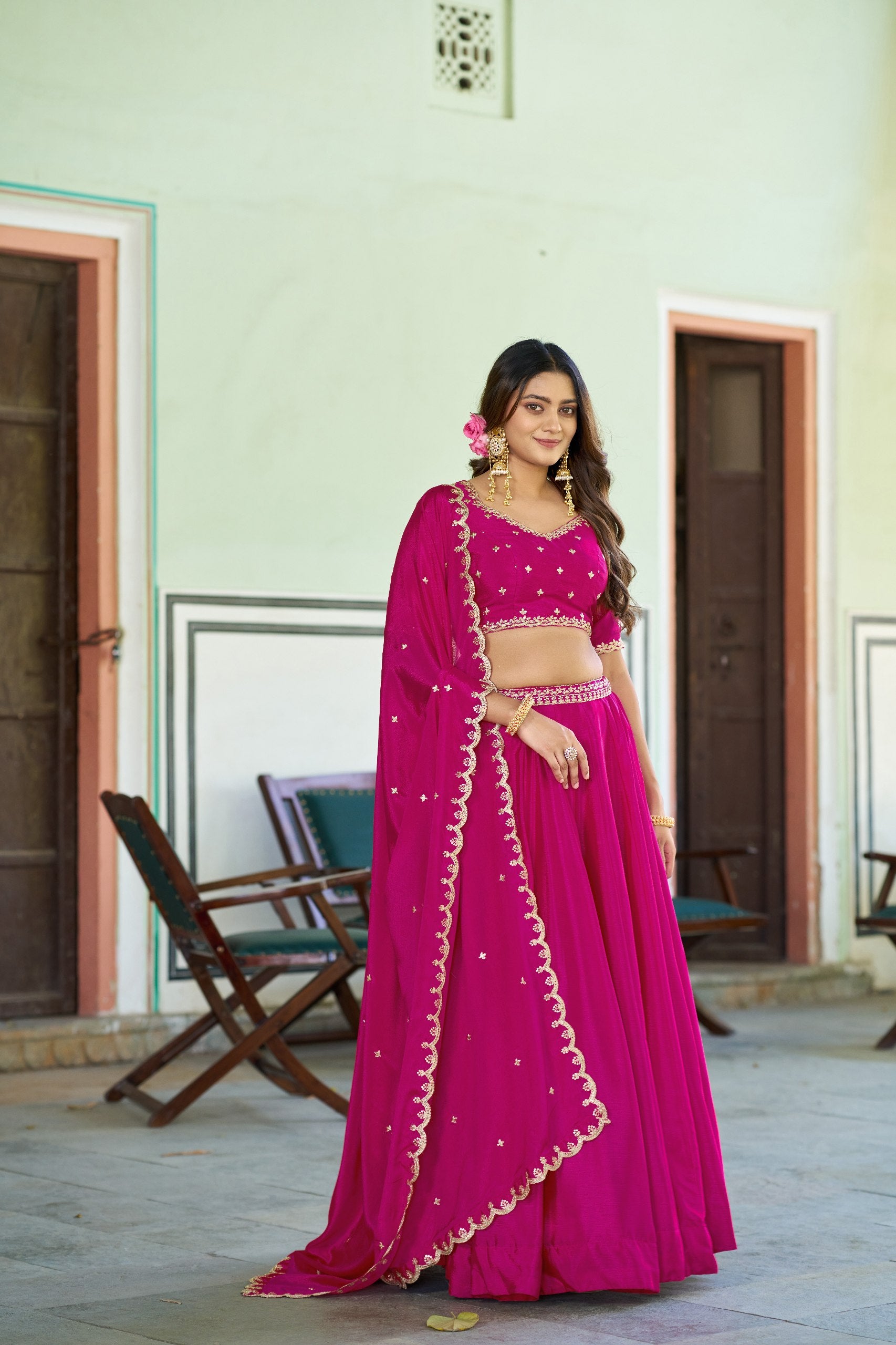 Womenline Rani Pink Embellished Lehenga Choli with Designer Dupatta