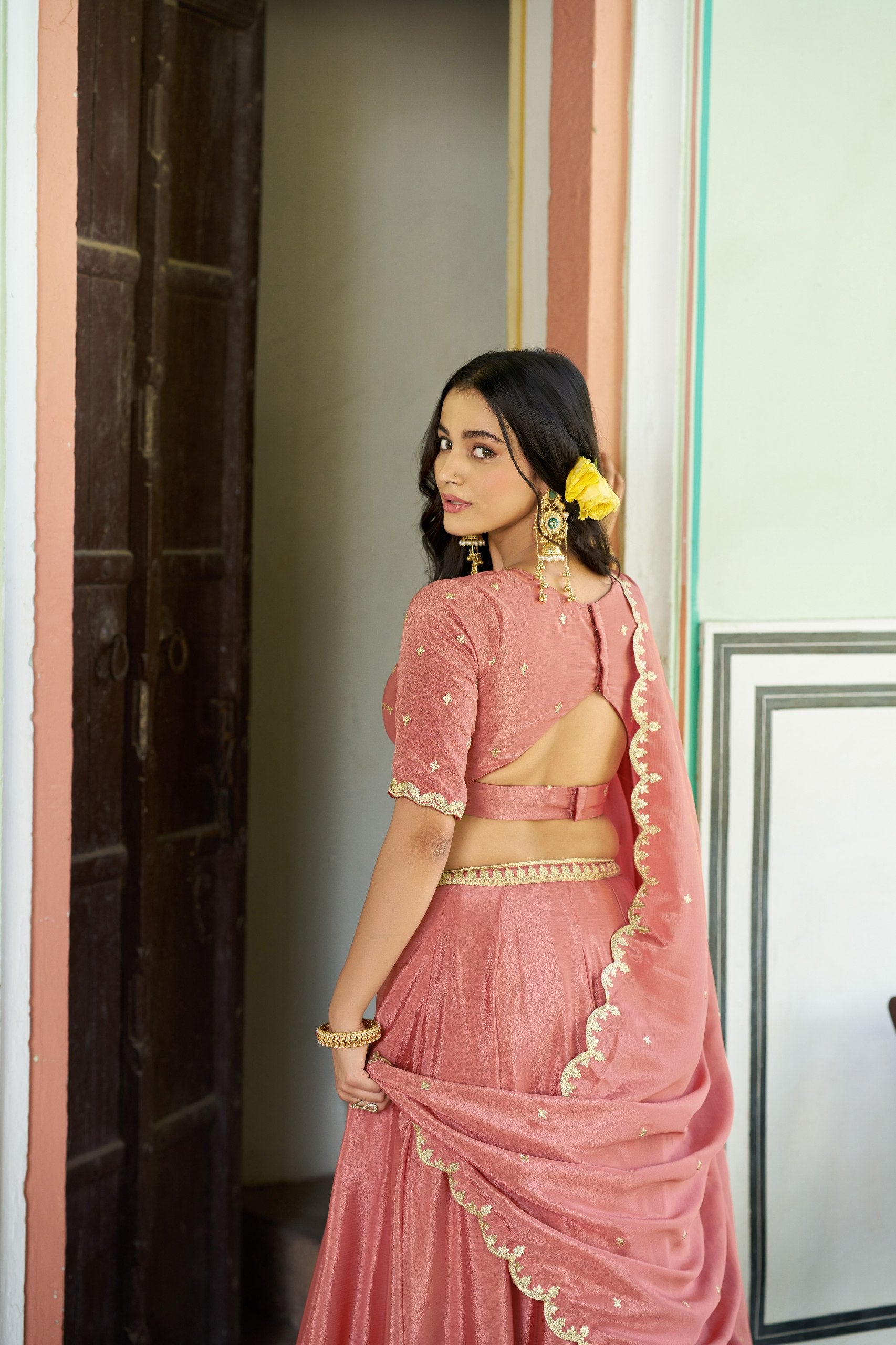 Womenline Dusty Rose Pink Embellished Lehenga Choli with Designer Dupatta