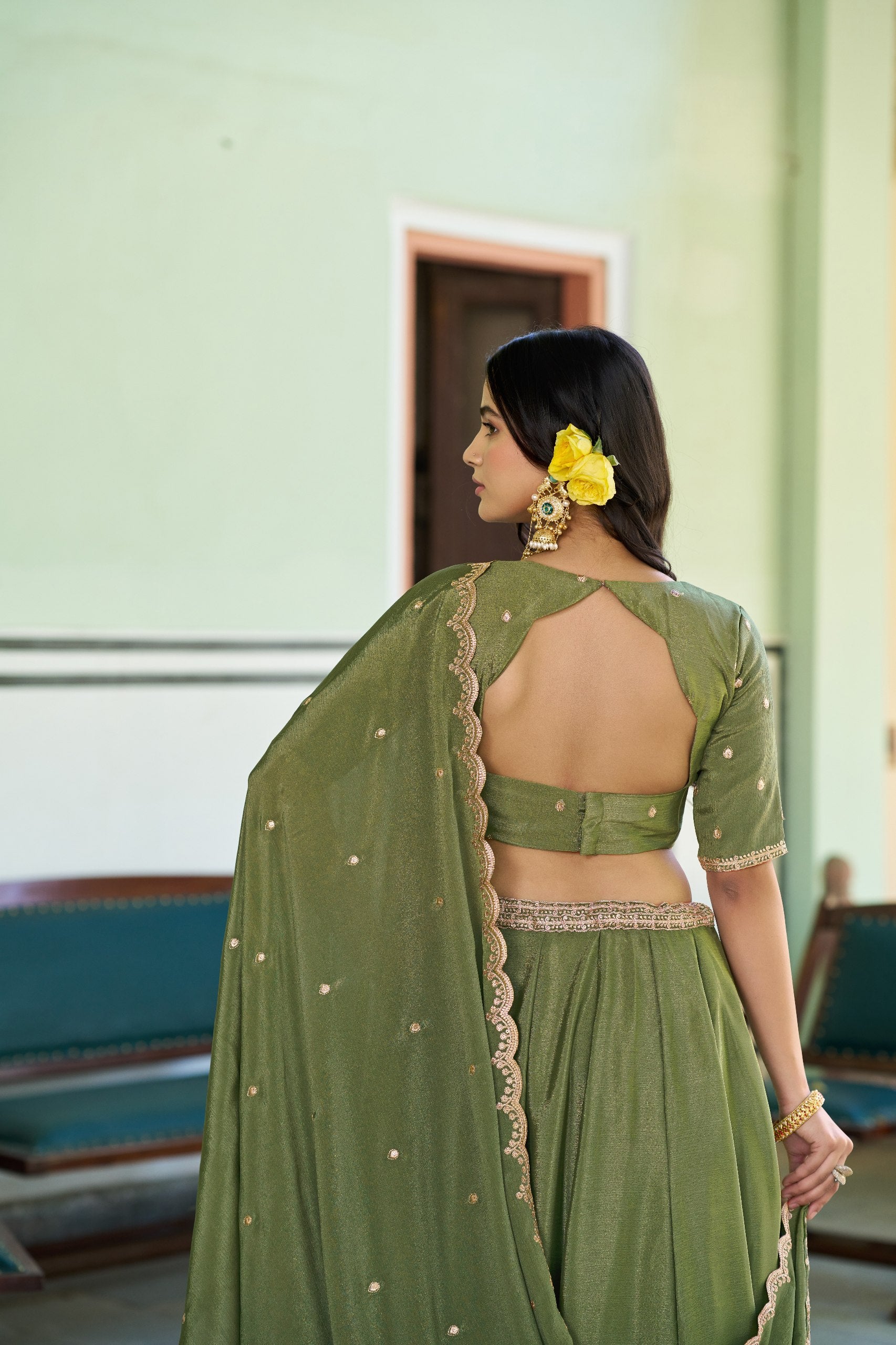 Womenline Olive Green Embellished Lehenga Choli with Designer Dupatta