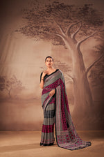 Womenline Black Pink Printed Cotton Saree with Contemporary Tribal Pattern
