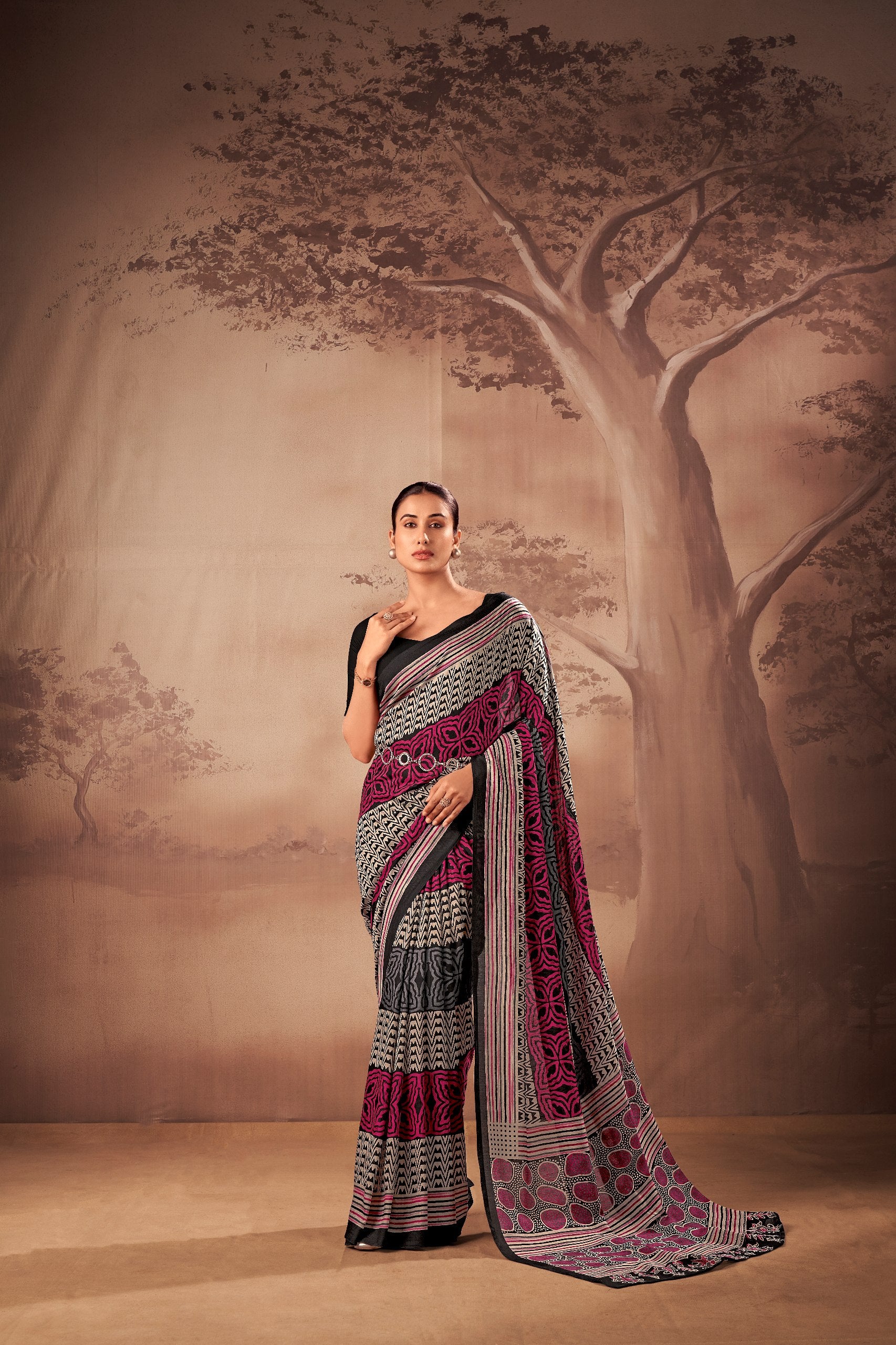 Womenline Black Pink Printed Cotton Saree with Contemporary Tribal Pattern