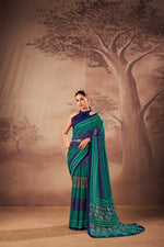 Womenline Teal Blue & Navy Tribal Printed Cotton Saree