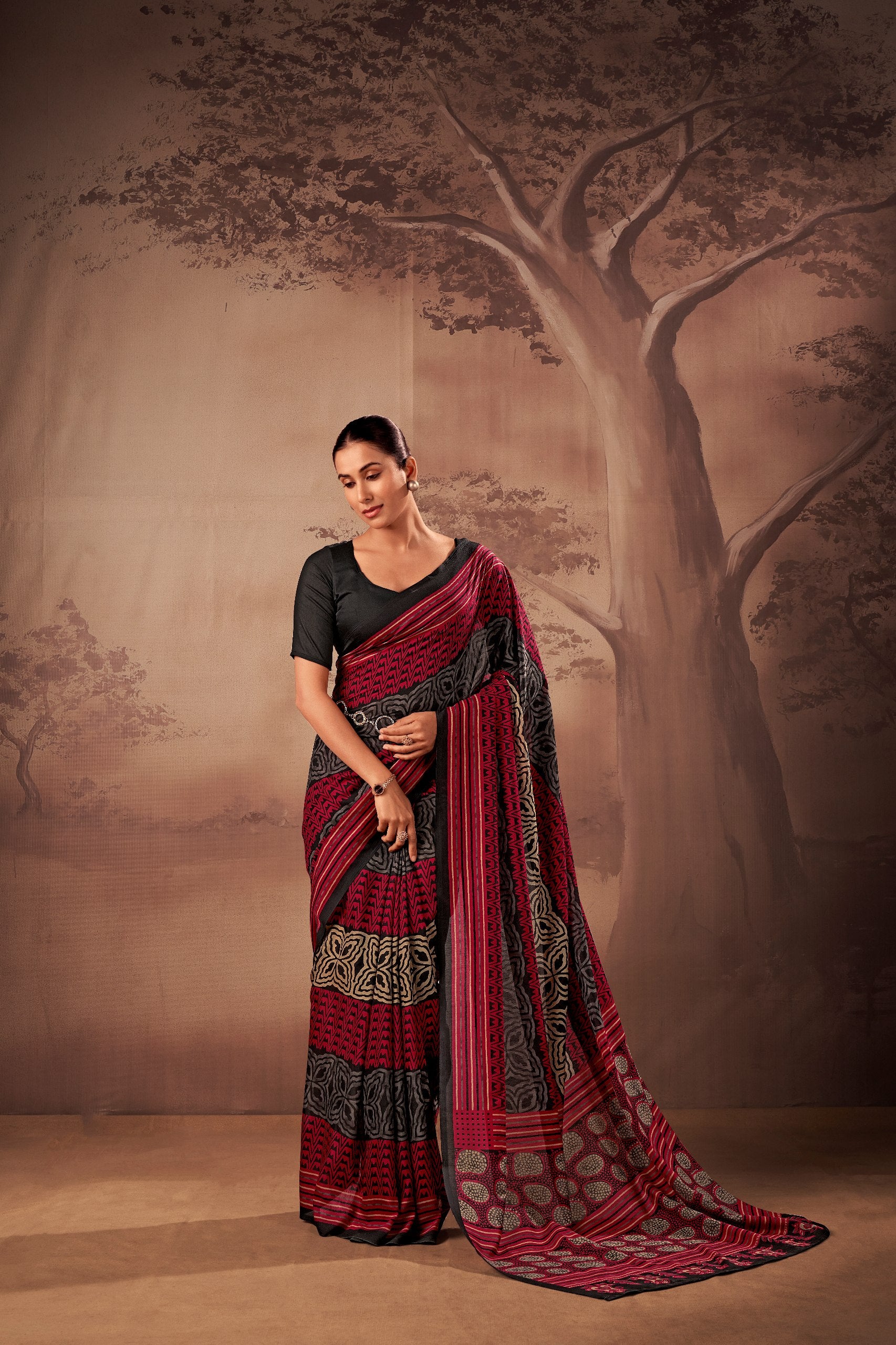 Womenline Black & Red Printed Saree with Ethnic Tribal Design