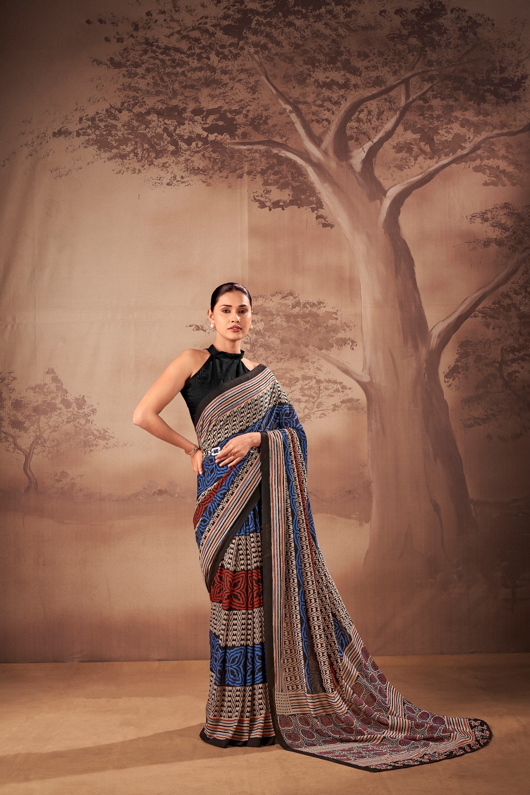 Womenline Black Blue Tribal Printed Cotton Saree with Ethnic Geometric Design