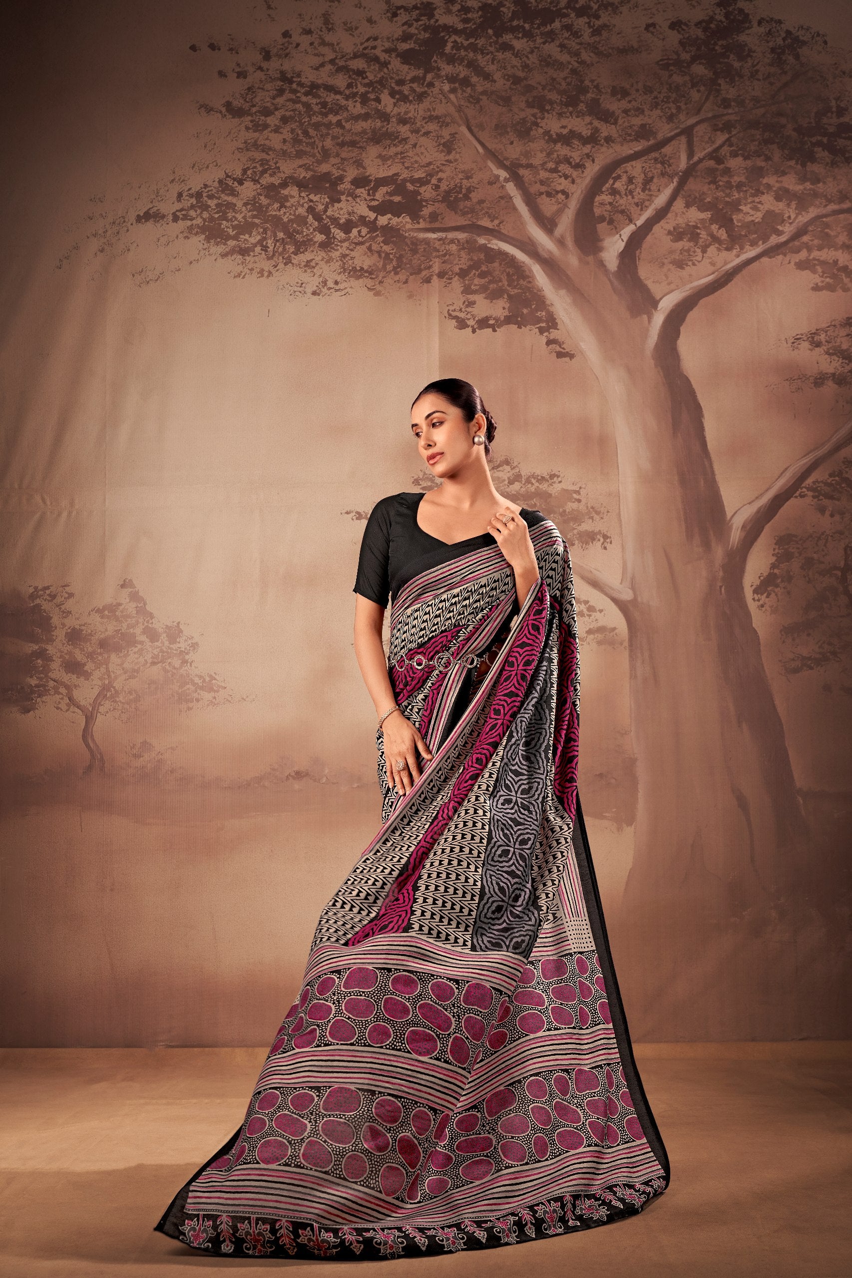 Womenline Black Pink Printed Cotton Saree with Contemporary Tribal Pattern