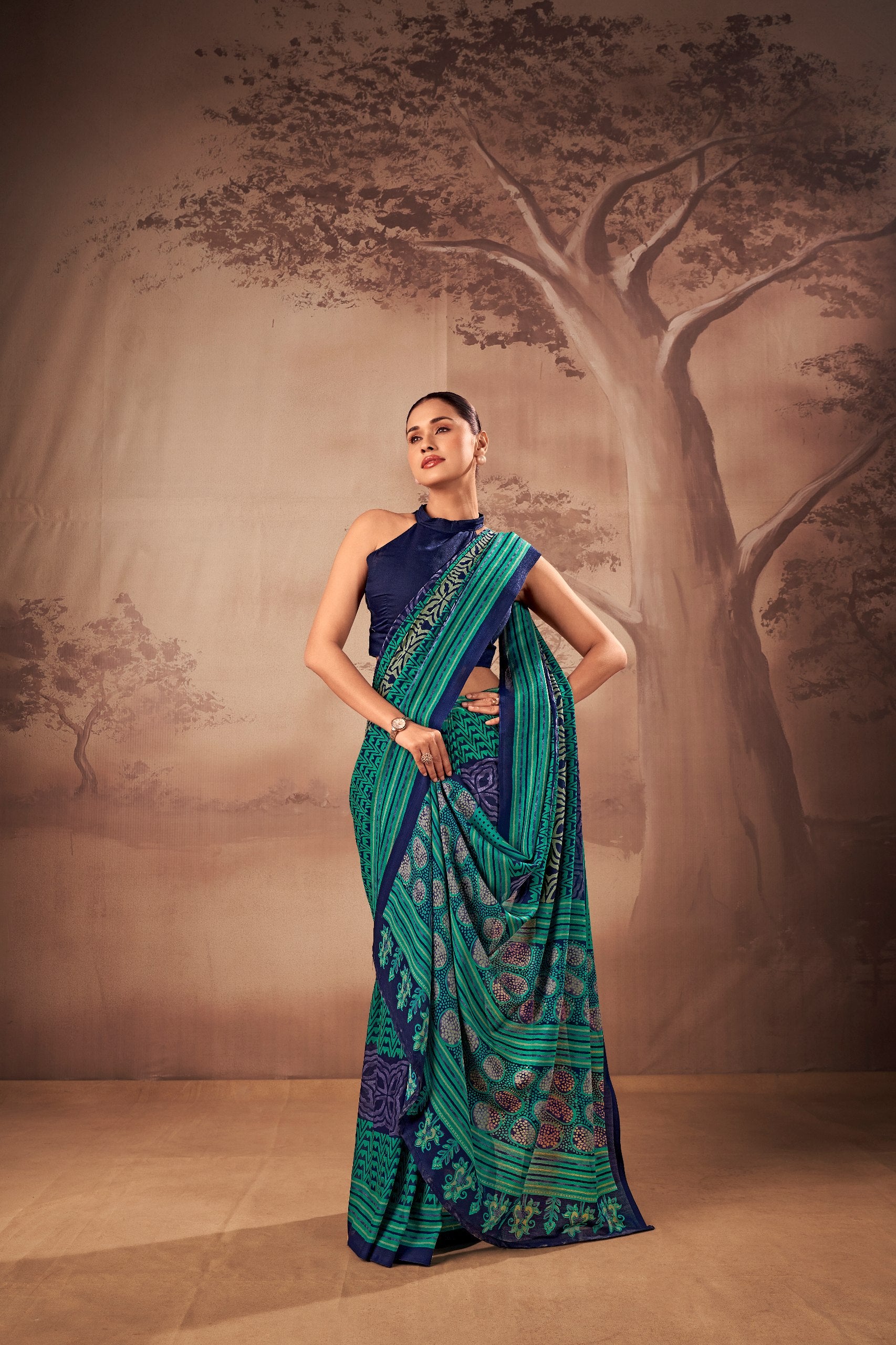 Womenline Teal Blue & Navy Tribal Printed Cotton Saree