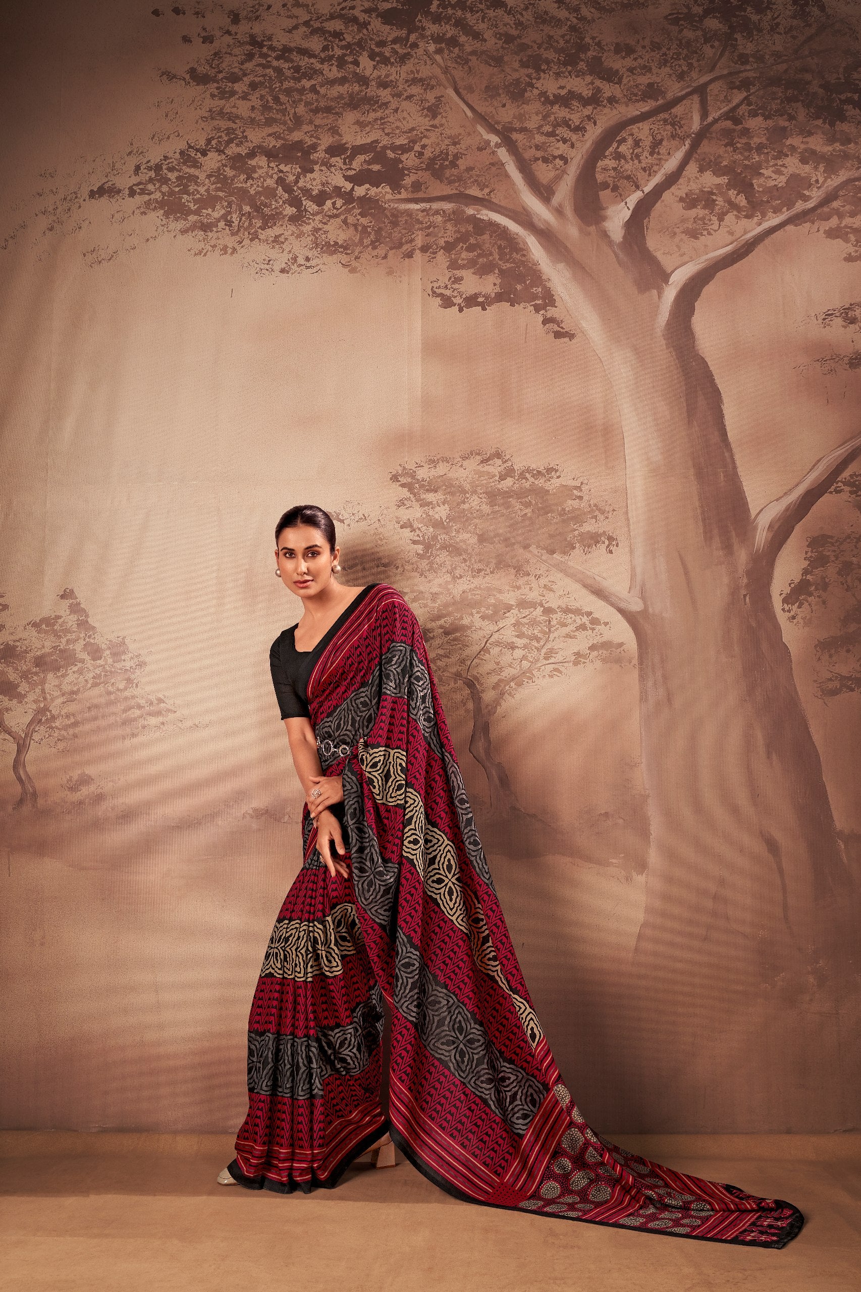 Womenline Black & Red Printed Saree with Ethnic Tribal Design