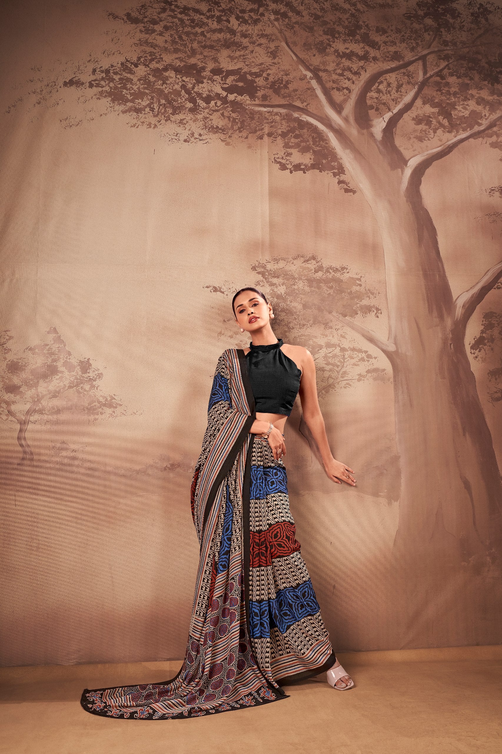 Womenline Black Blue Tribal Printed Cotton Saree with Ethnic Geometric Design