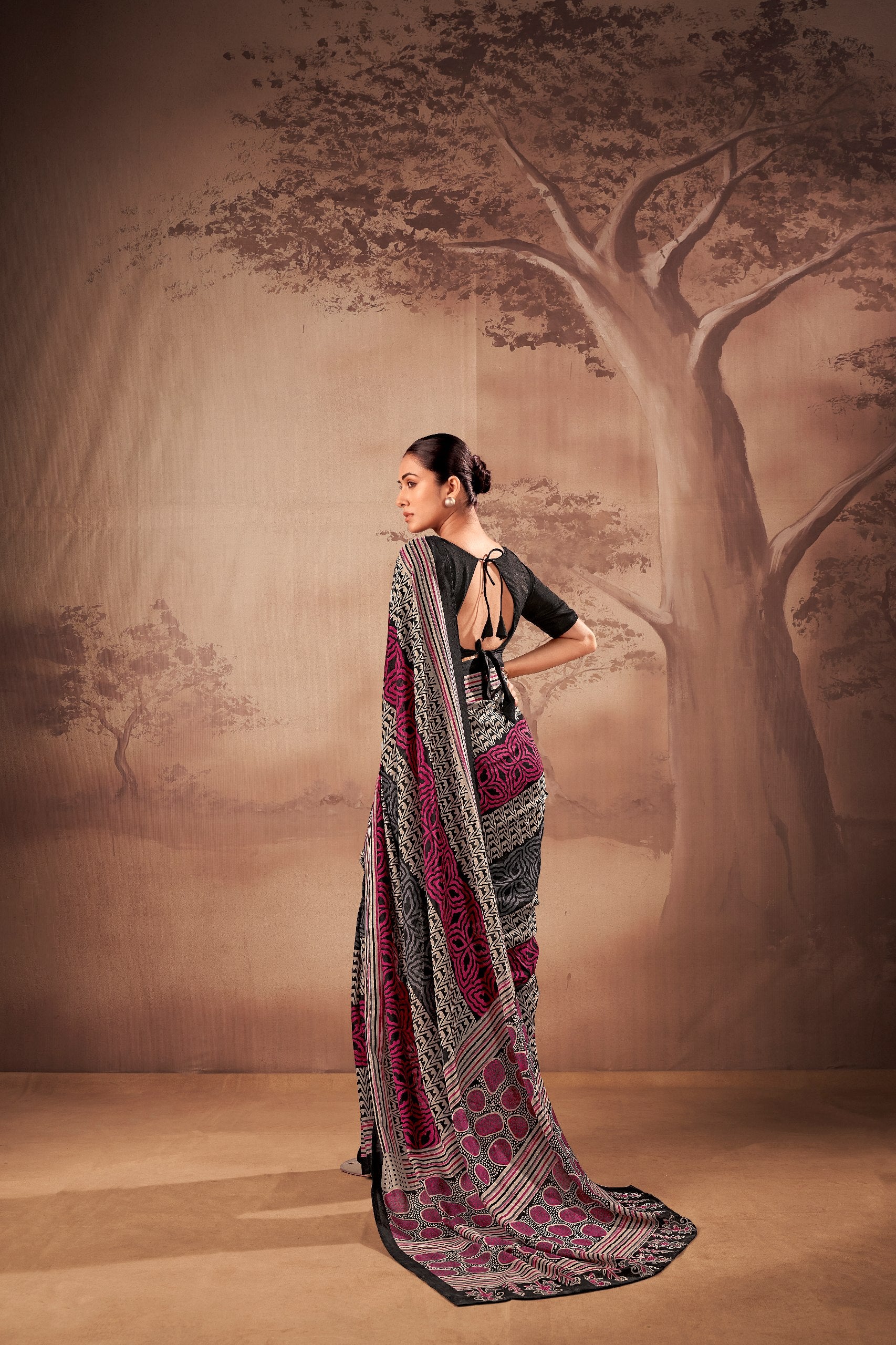 Womenline Black Pink Printed Cotton Saree with Contemporary Tribal Pattern