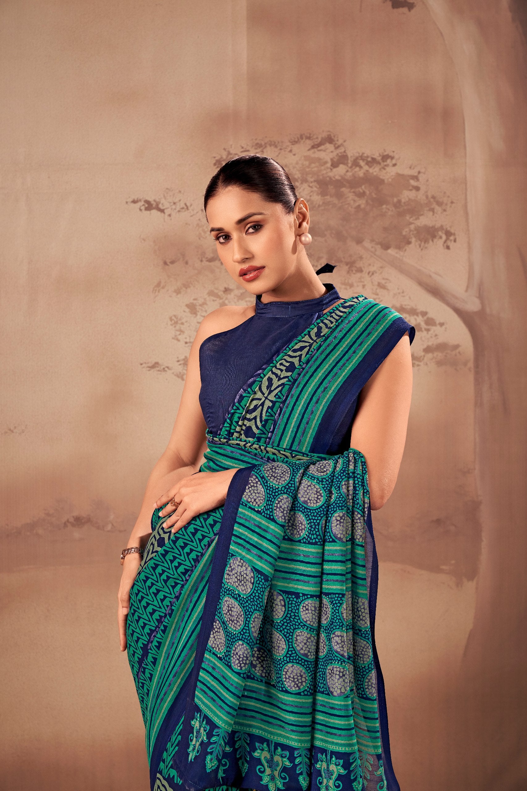 Womenline Teal Blue & Navy Tribal Printed Cotton Saree