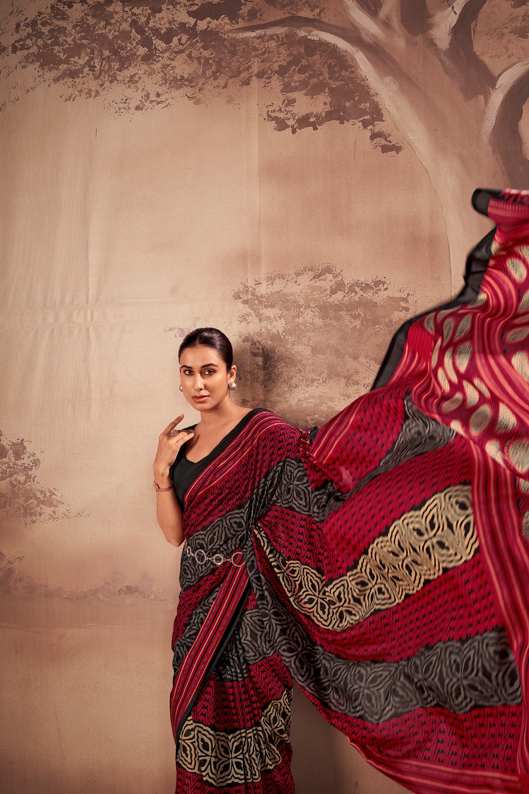 Womenline Black & Red Printed Saree with Ethnic Tribal Design