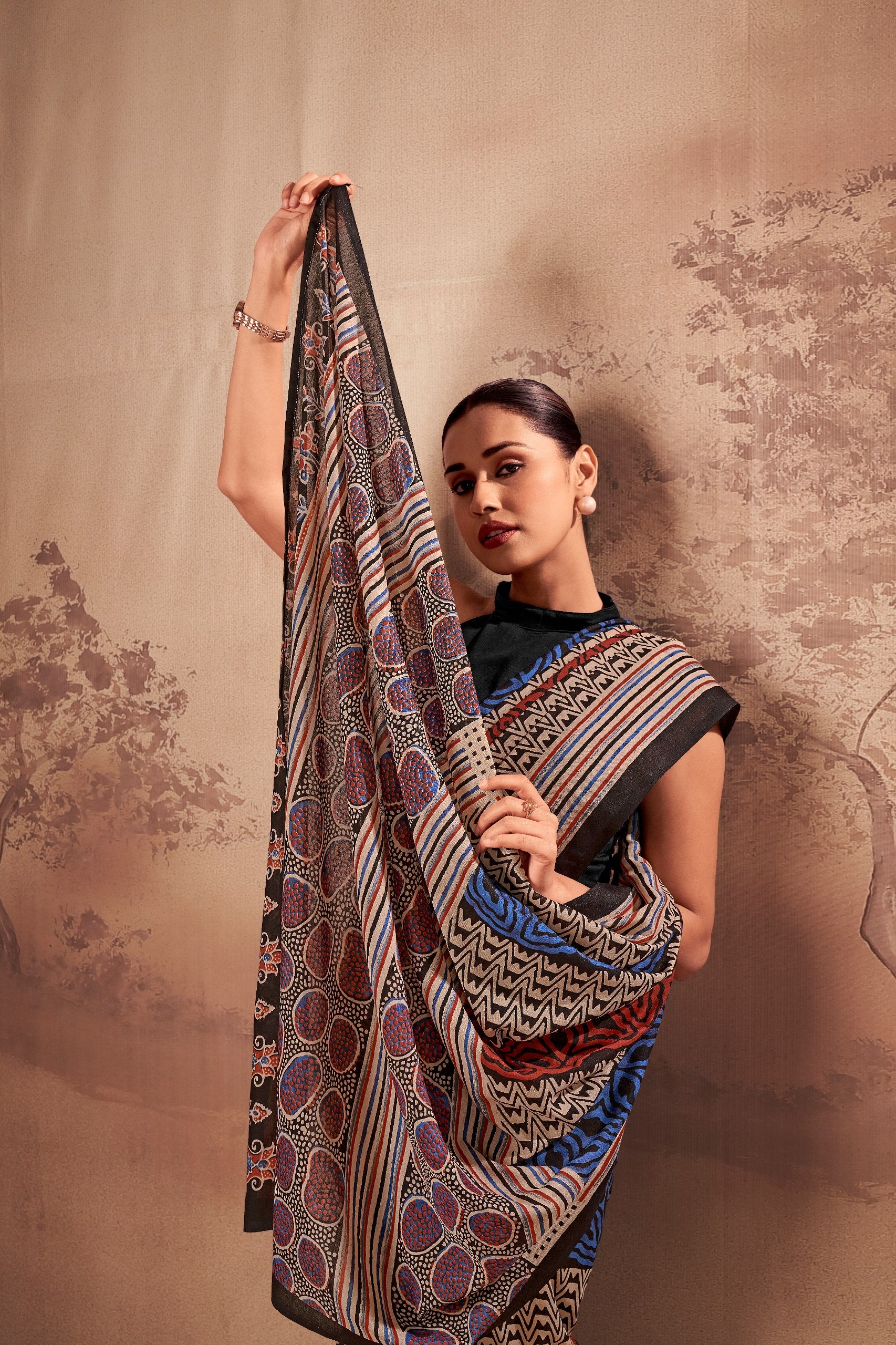 Womenline Black Blue Tribal Printed Cotton Saree with Ethnic Geometric Design