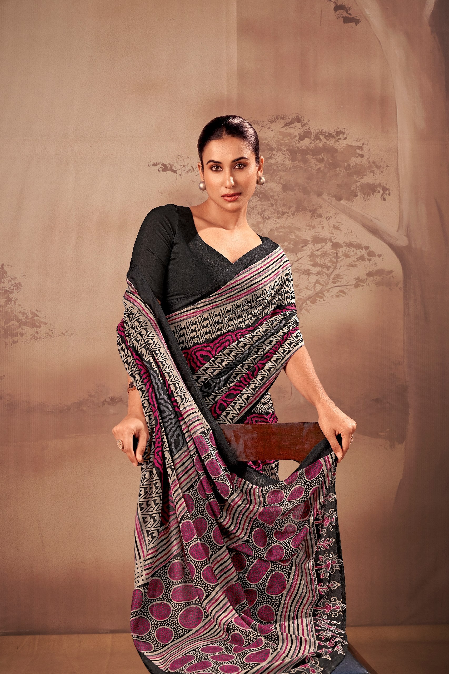 Womenline Black Pink Printed Cotton Saree with Contemporary Tribal Pattern