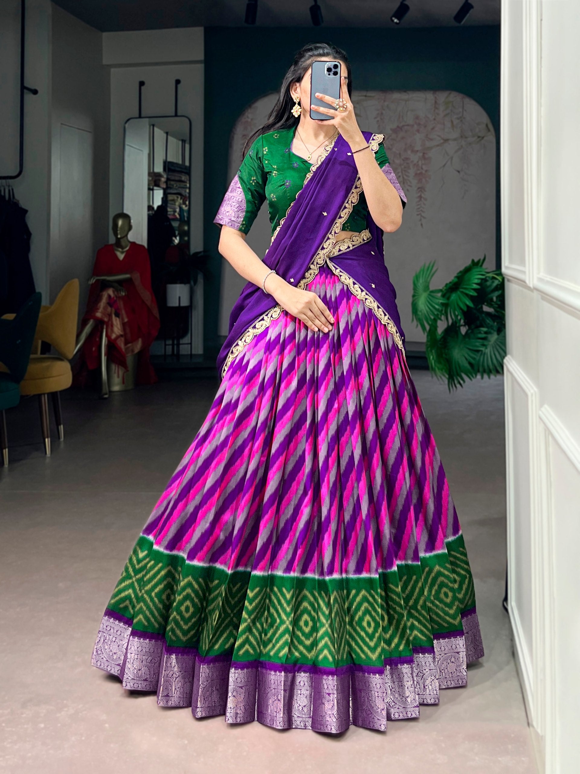 Womenline Multicolor Patola Inspired Lehenga Choli with Purple Dupatta