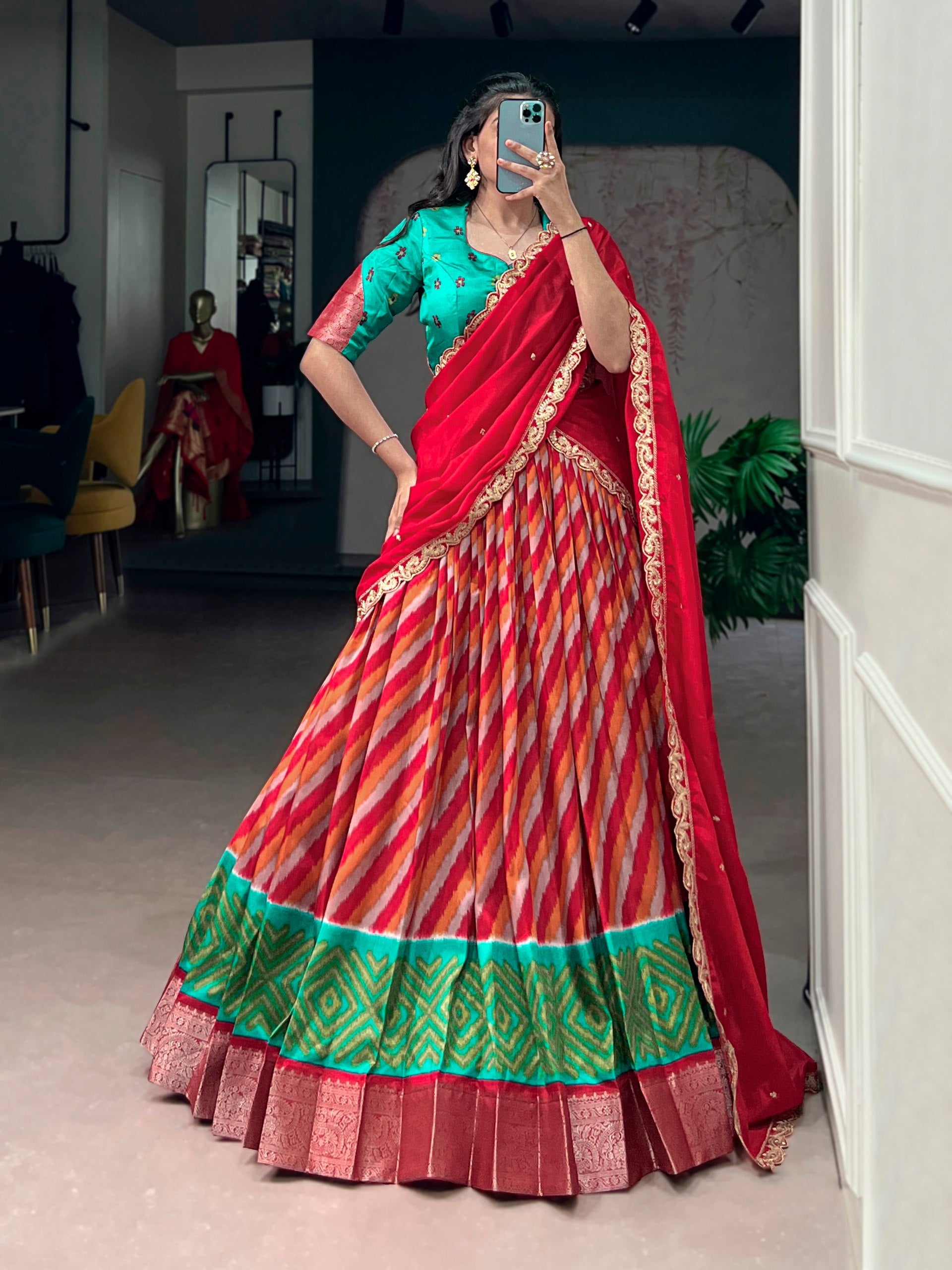 Womenline Multicolor Patola Inspired Lehenga Choli with Red Designer Dupatta
