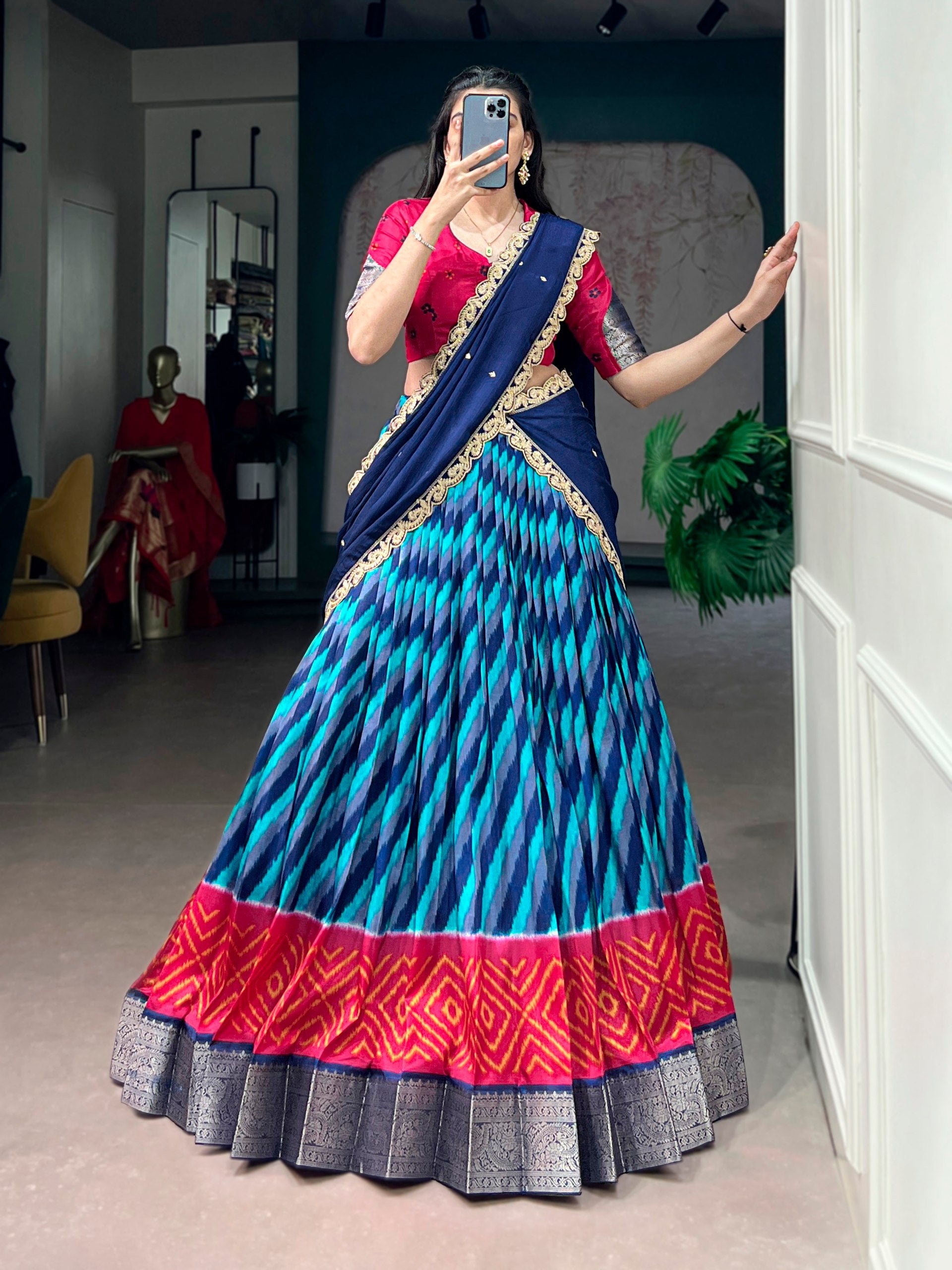 Womenline Multicolor Patola Inspired Lehenga Choli with Navy Blue Designer Dupatta