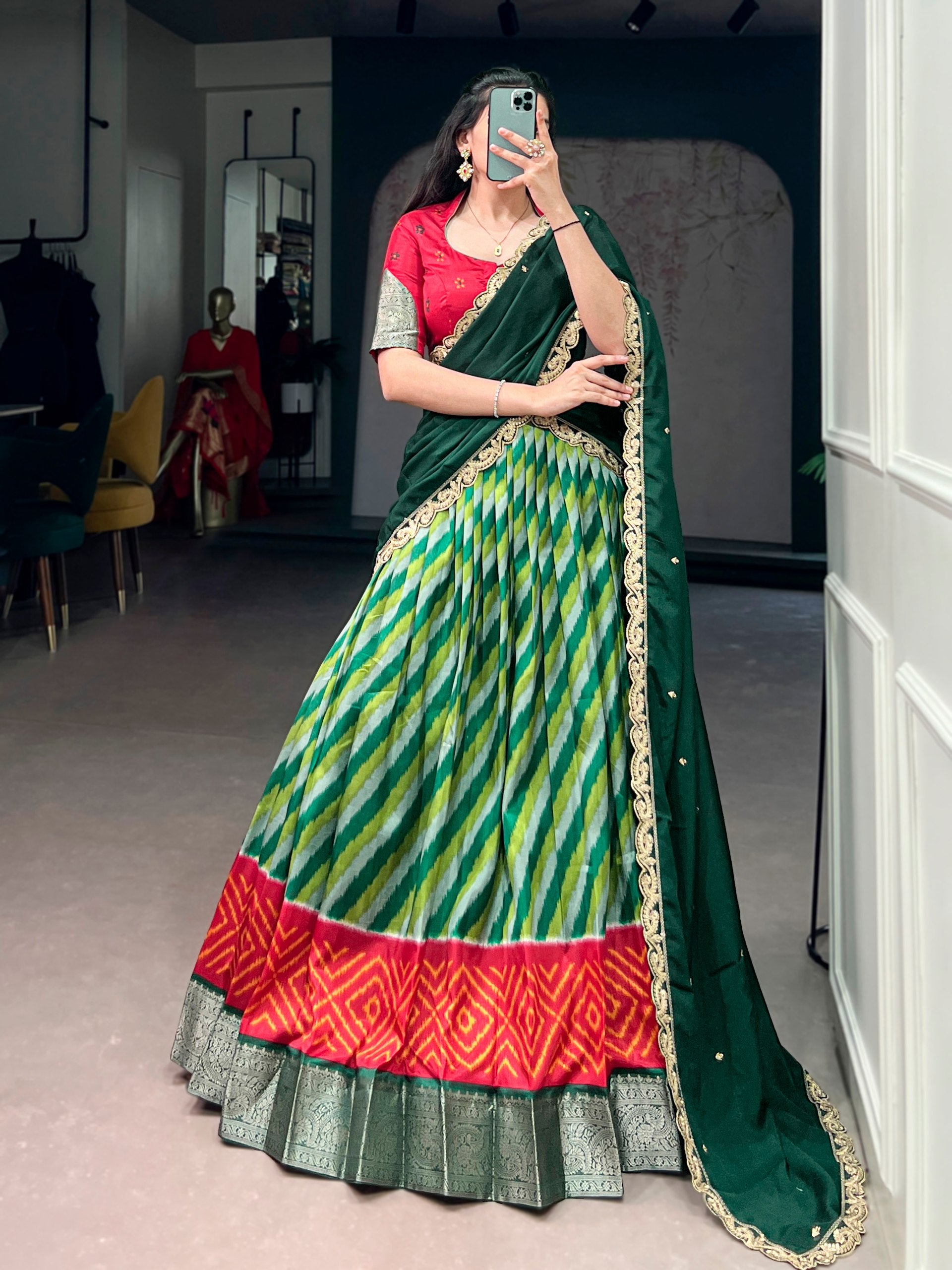 Womenline Multicolor Patola Inspired Lehenga Choli with Emerald Green Designer Dupatta