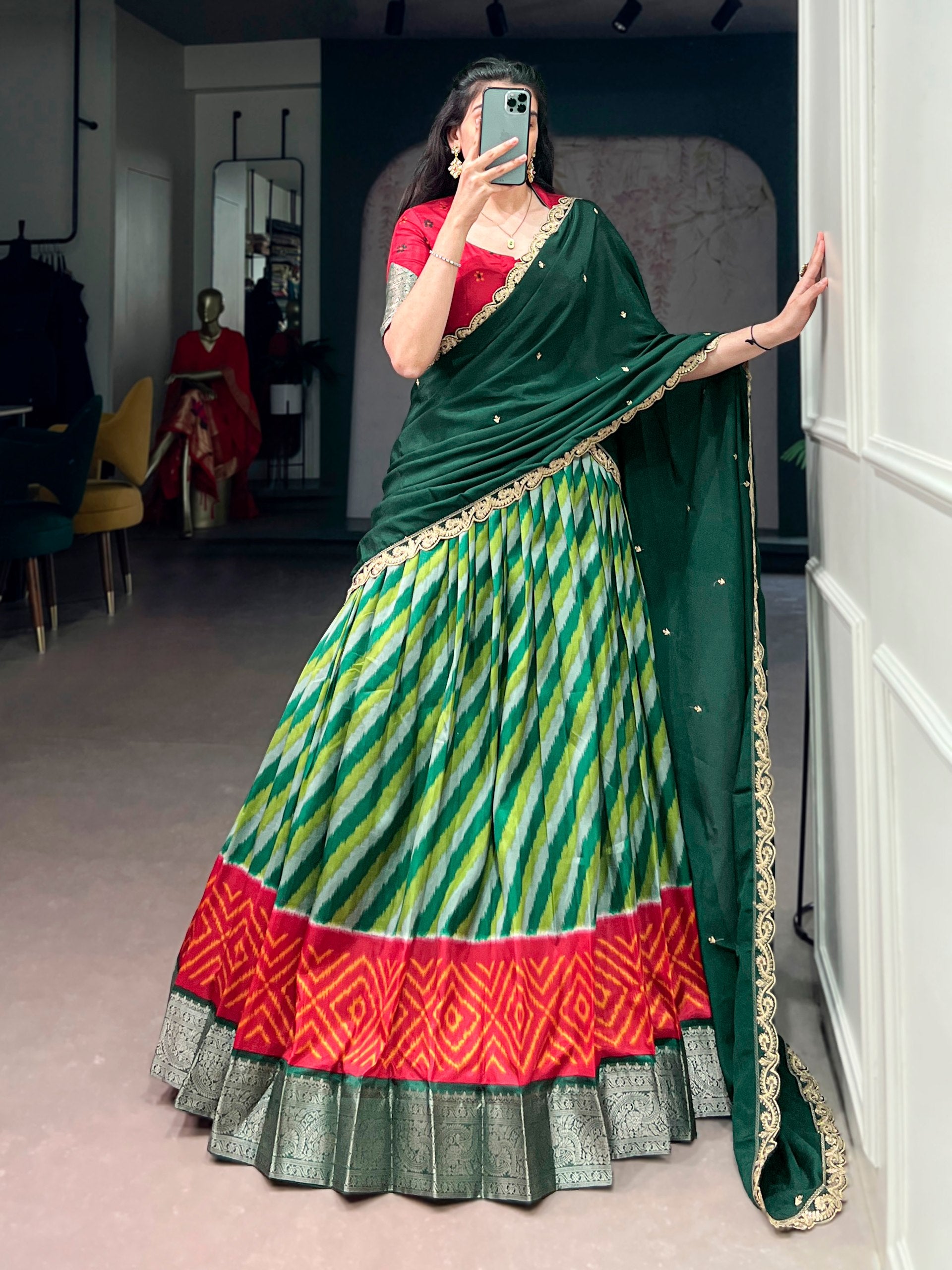 Womenline Multicolor Patola Inspired Lehenga Choli with Emerald Green Designer Dupatta
