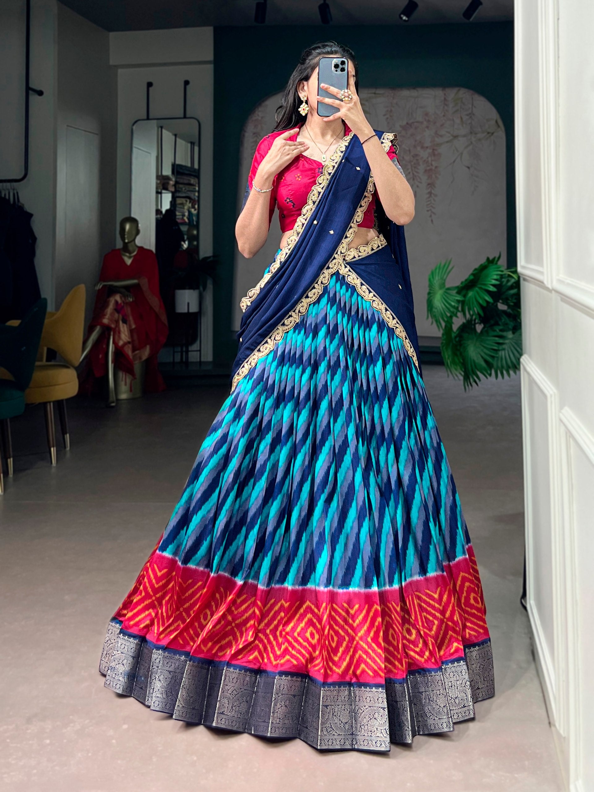 Womenline Multicolor Patola Inspired Lehenga Choli with Navy Blue Designer Dupatta