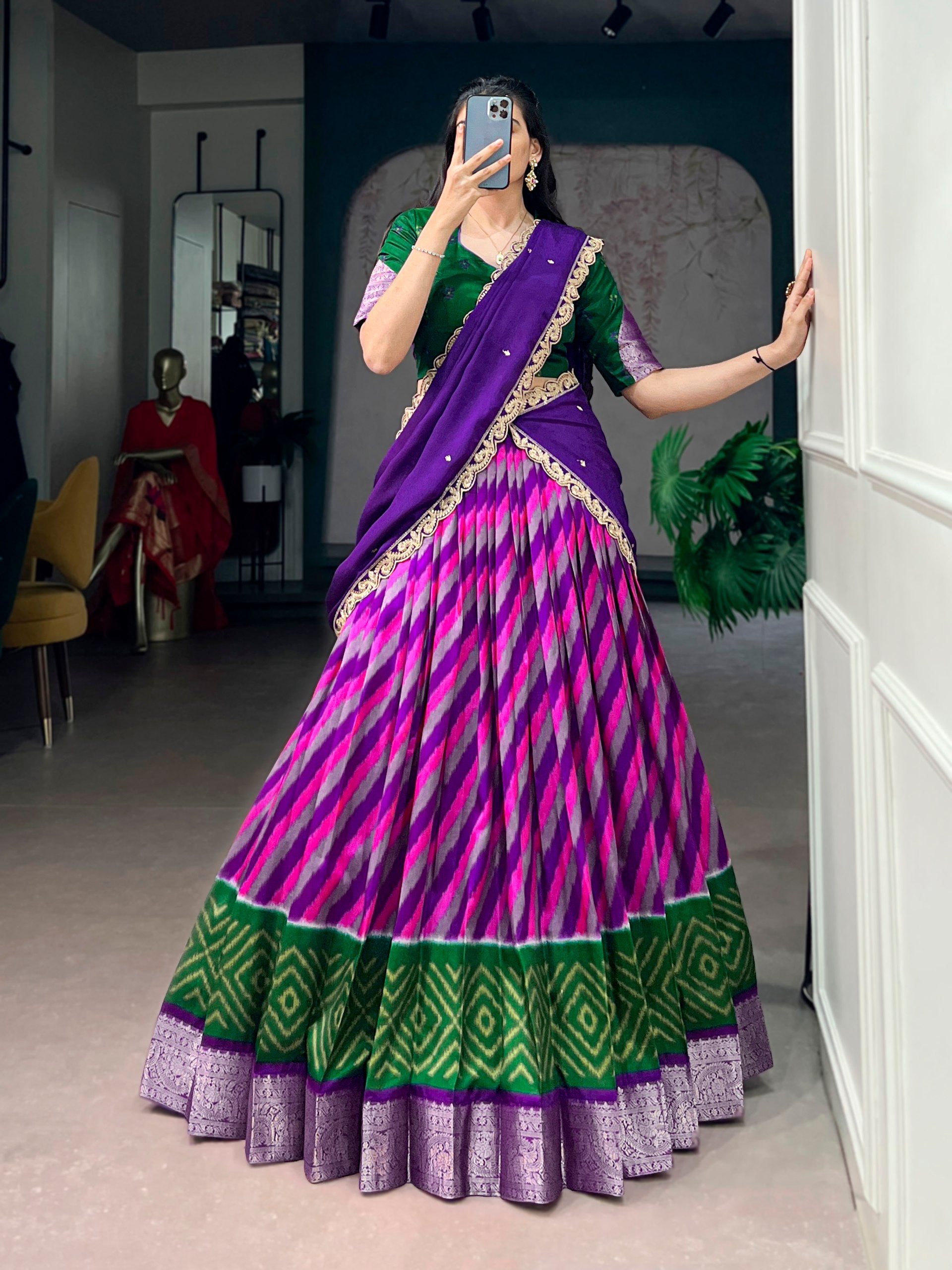 Womenline Multicolor Patola Inspired Lehenga Choli with Purple Dupatta