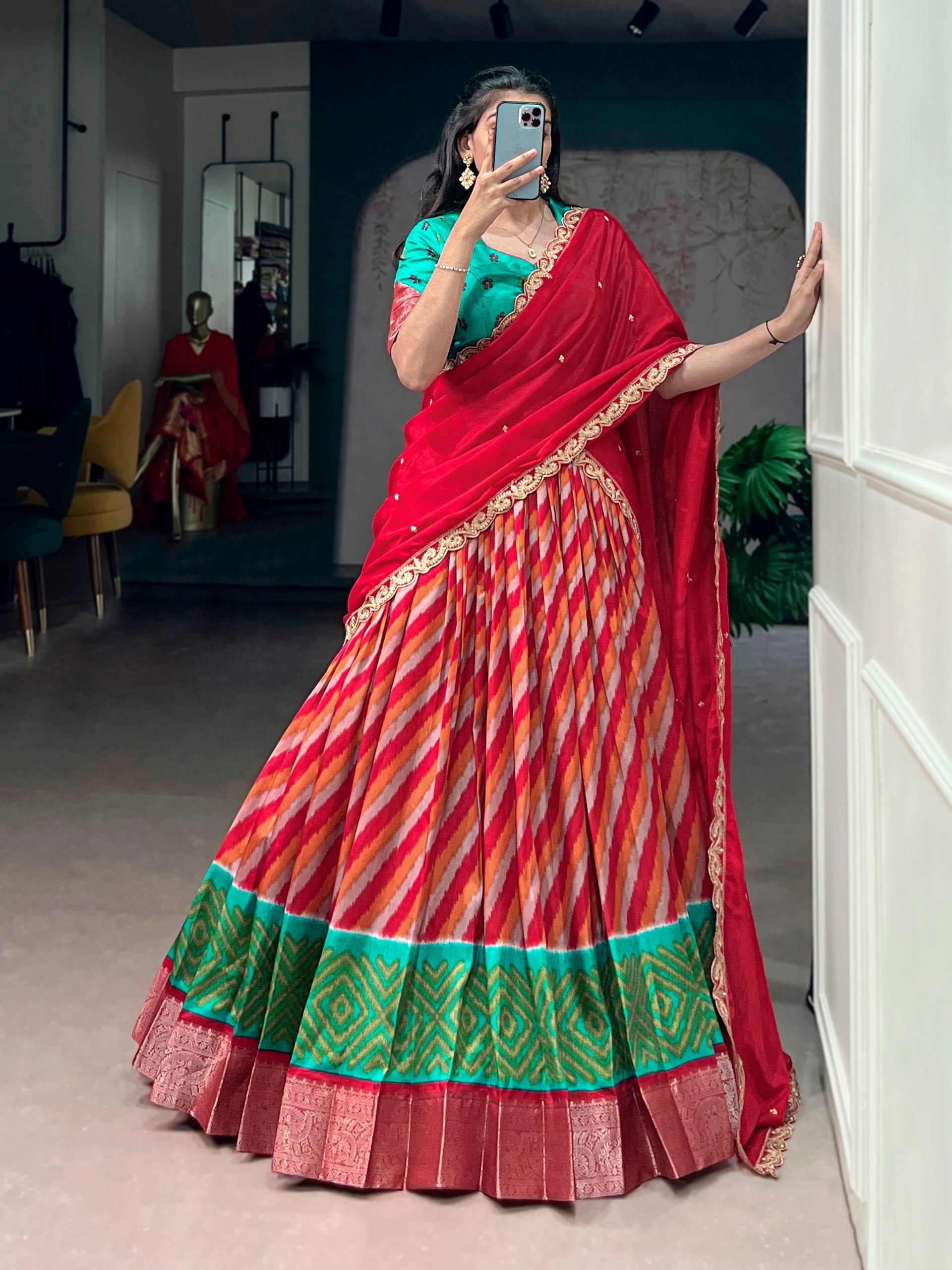 Womenline Multicolor Patola Inspired Lehenga Choli with Red Designer Dupatta