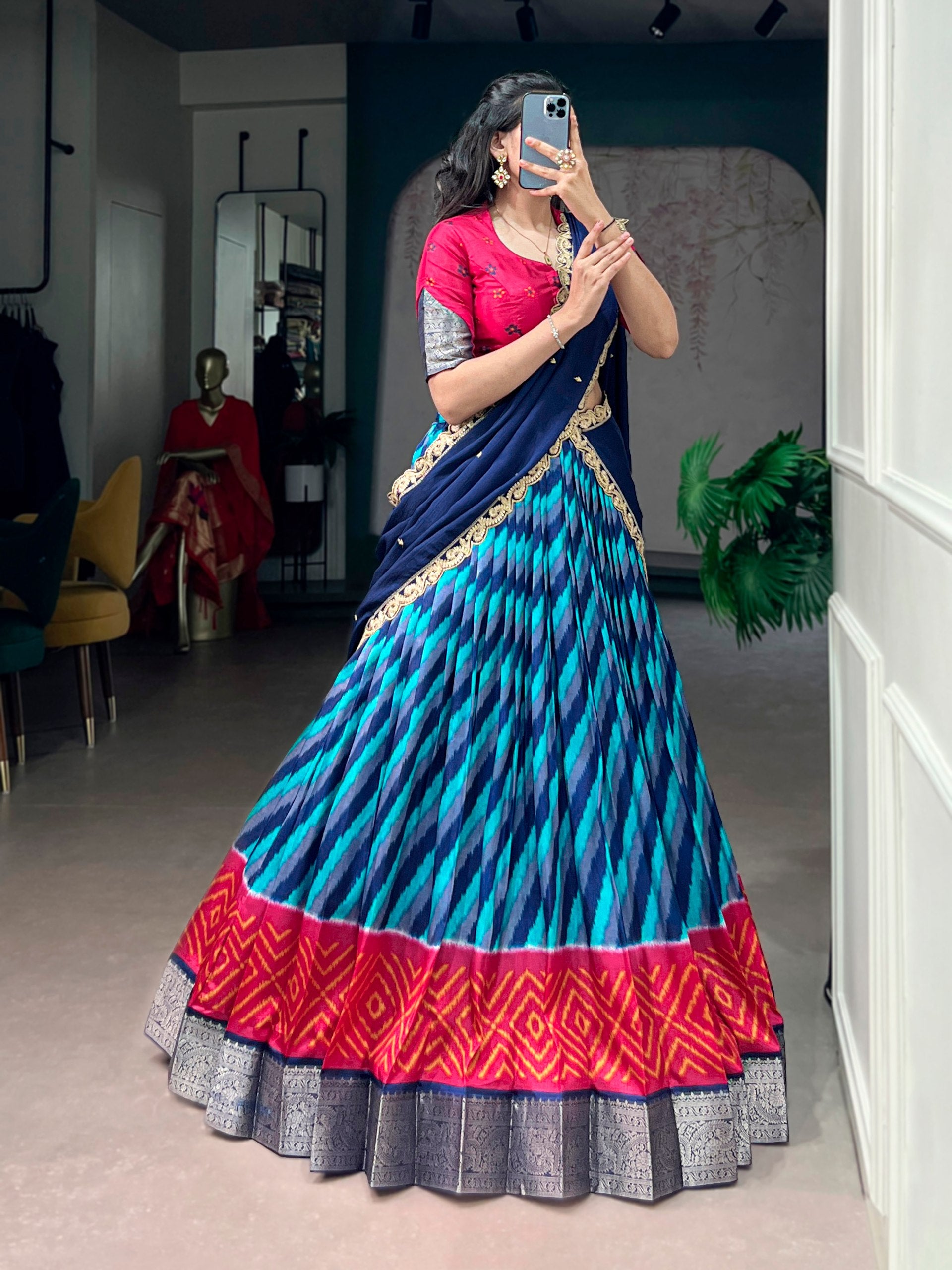Womenline Multicolor Patola Inspired Lehenga Choli with Navy Blue Designer Dupatta