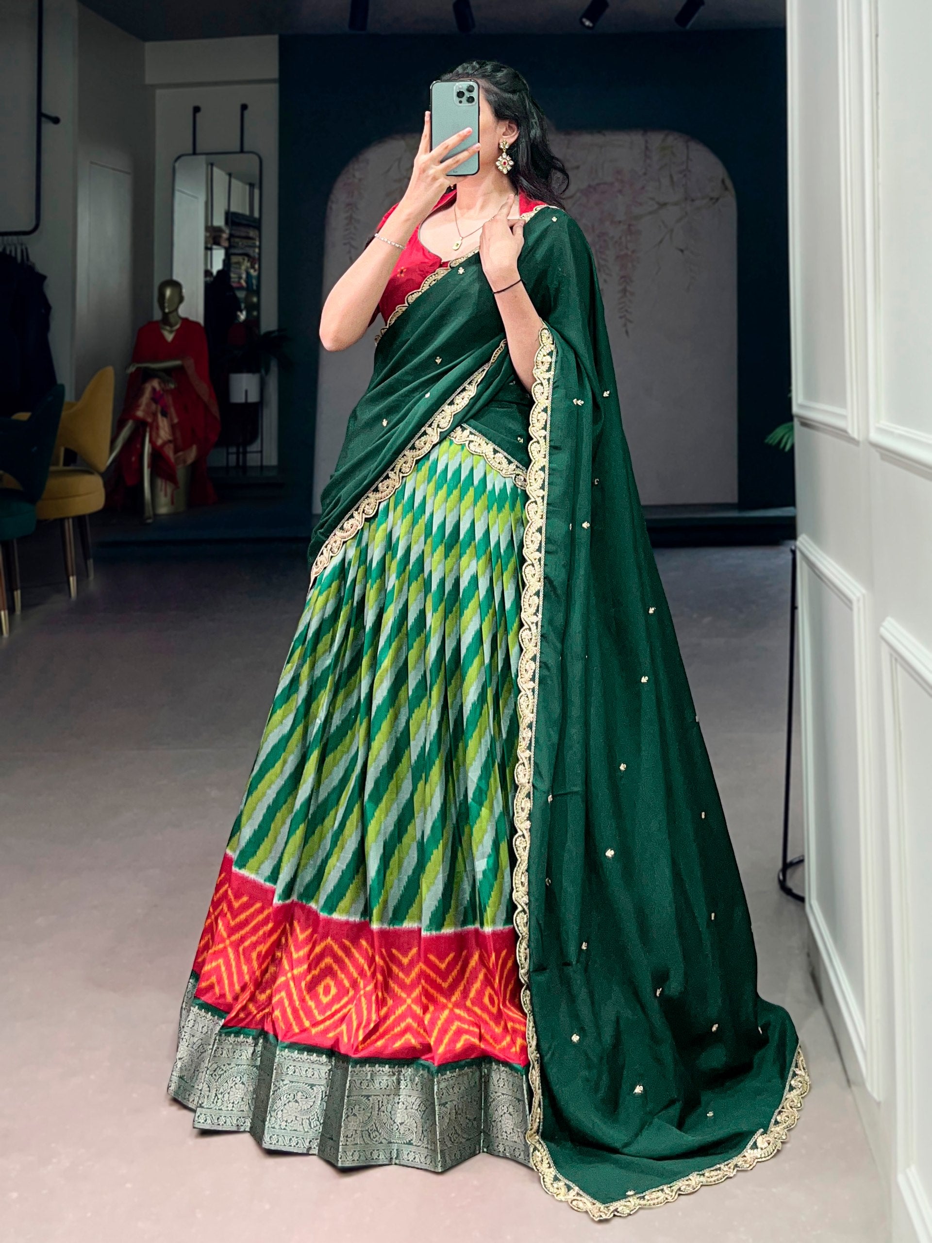 Womenline Multicolor Patola Inspired Lehenga Choli with Emerald Green Designer Dupatta