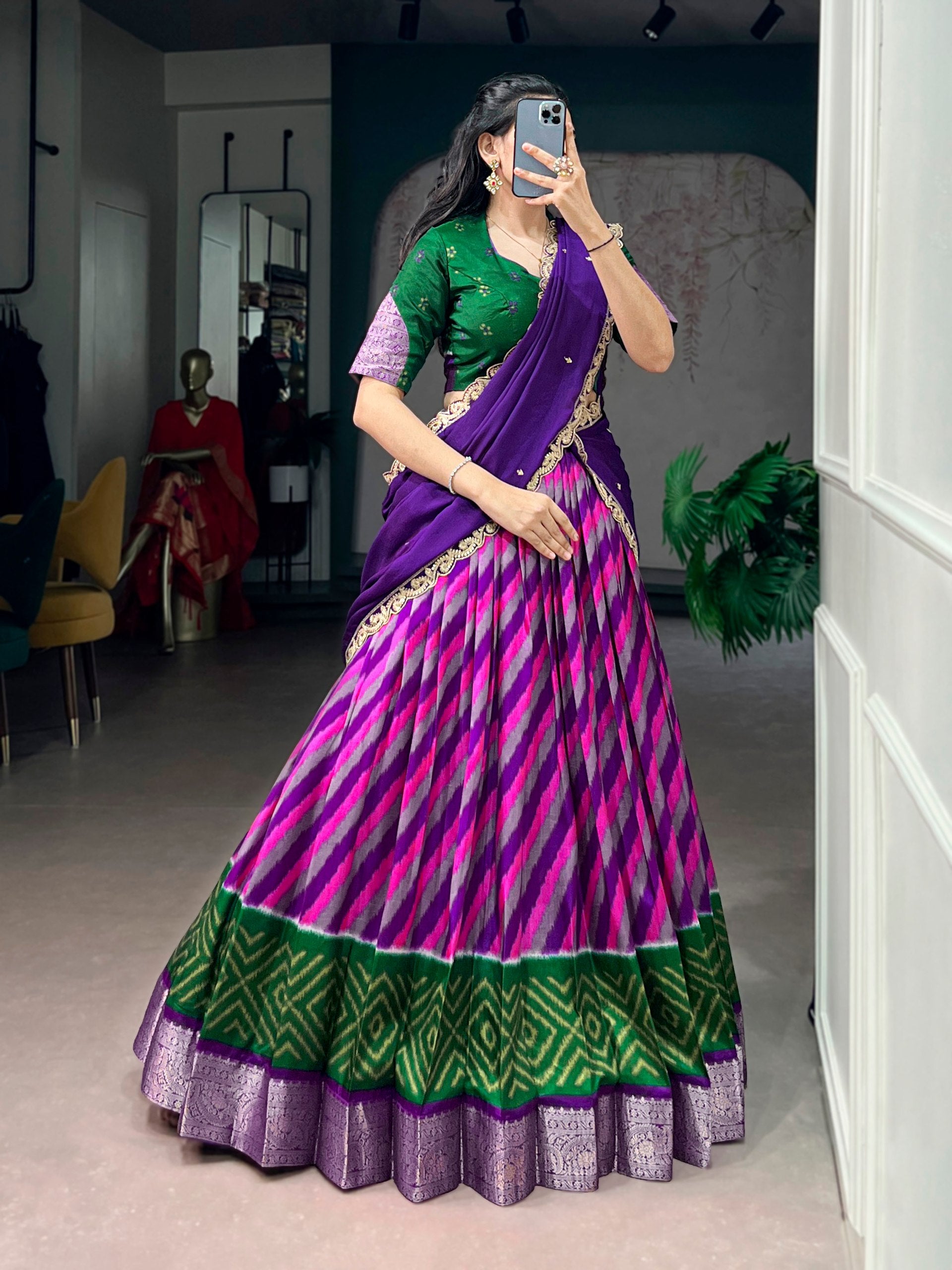 Womenline Multicolor Patola Inspired Lehenga Choli with Purple Dupatta
