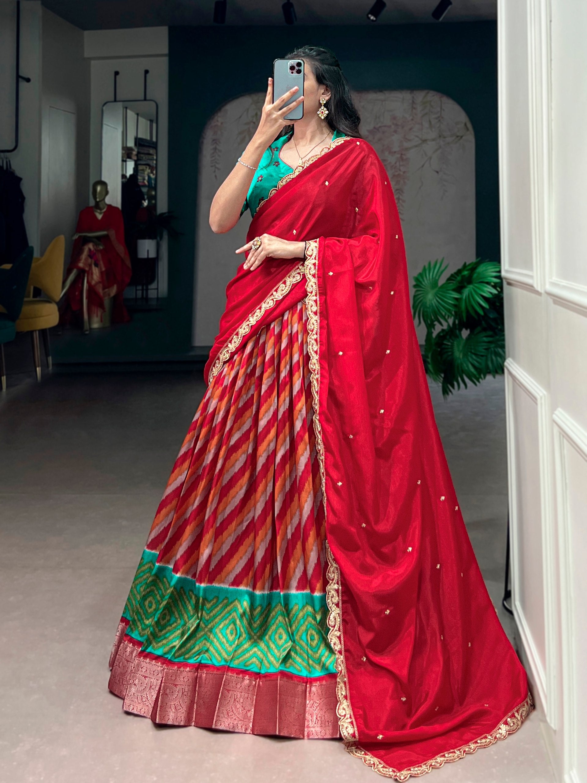 Womenline Multicolor Patola Inspired Lehenga Choli with Red Designer Dupatta