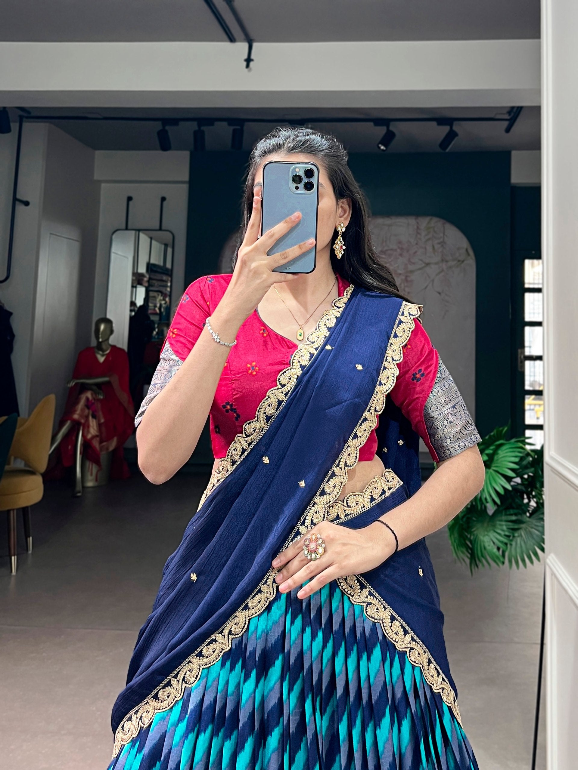 Womenline Multicolor Patola Inspired Lehenga Choli with Navy Blue Designer Dupatta