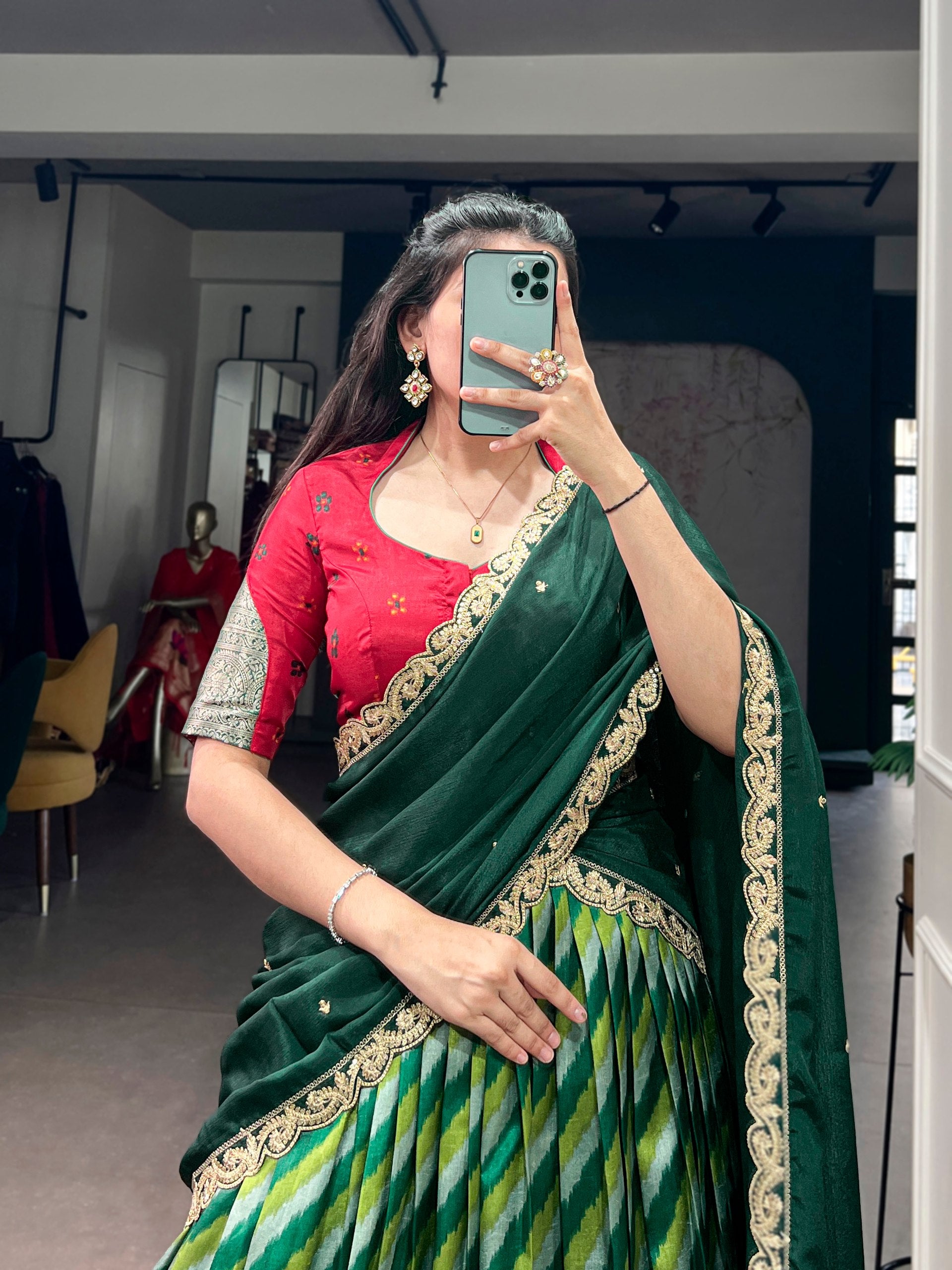 Womenline Multicolor Patola Inspired Lehenga Choli with Emerald Green Designer Dupatta