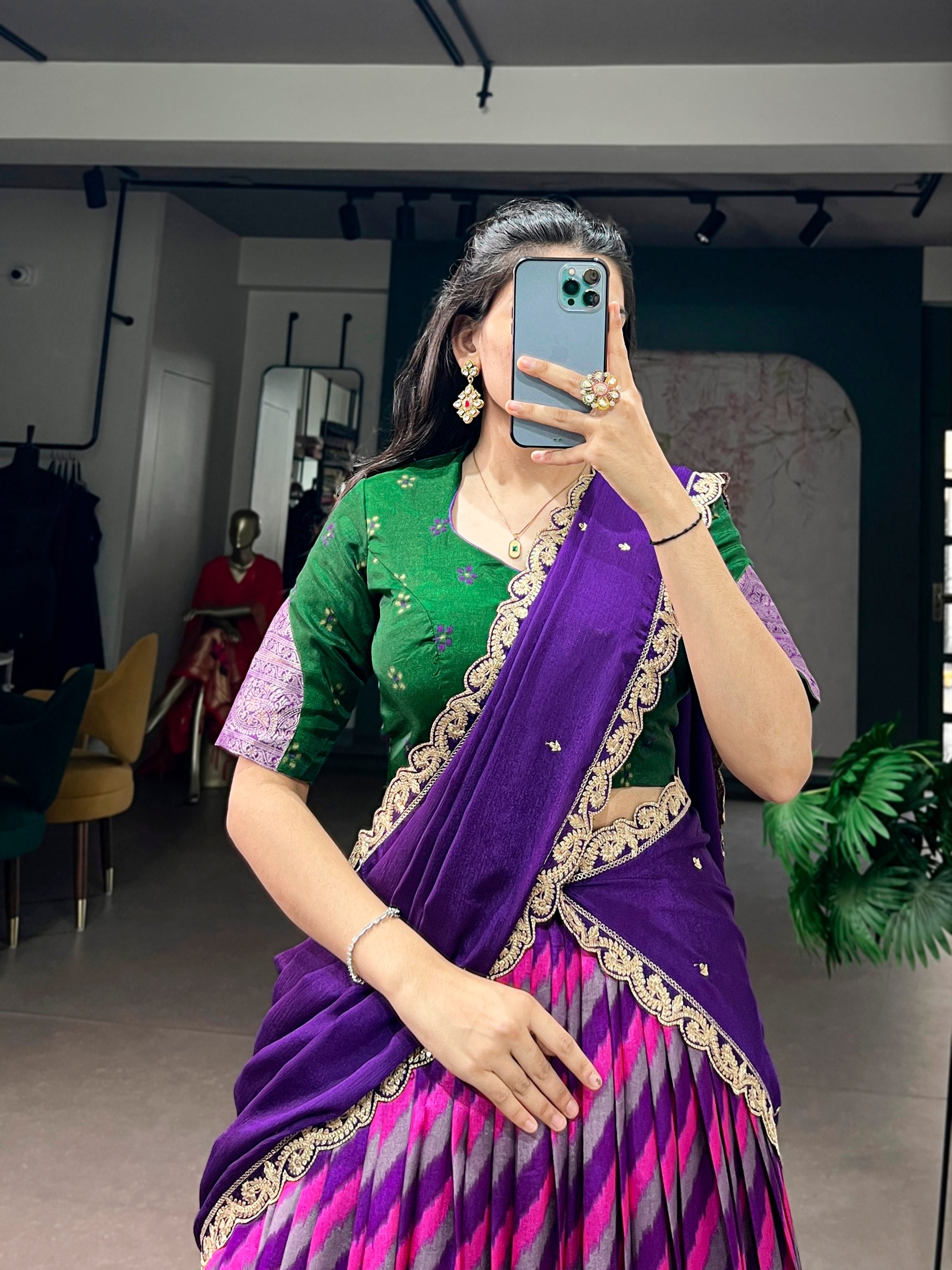 Womenline Multicolor Patola Inspired Lehenga Choli with Purple Dupatta