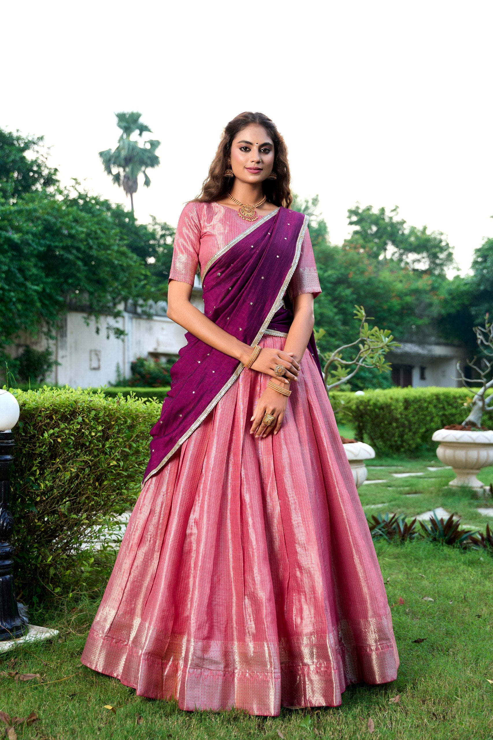 Womenline Pink Color Kanchipuram Designer Half Saree