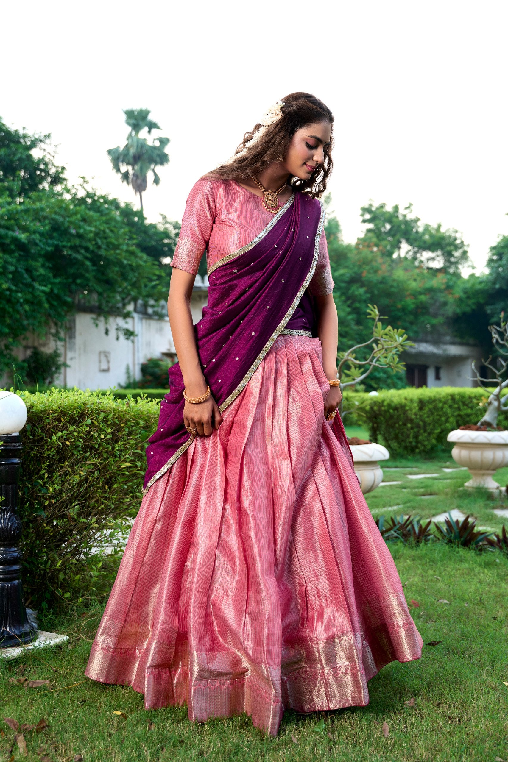 Womenline Pink Color Kanchipuram Designer Half Saree