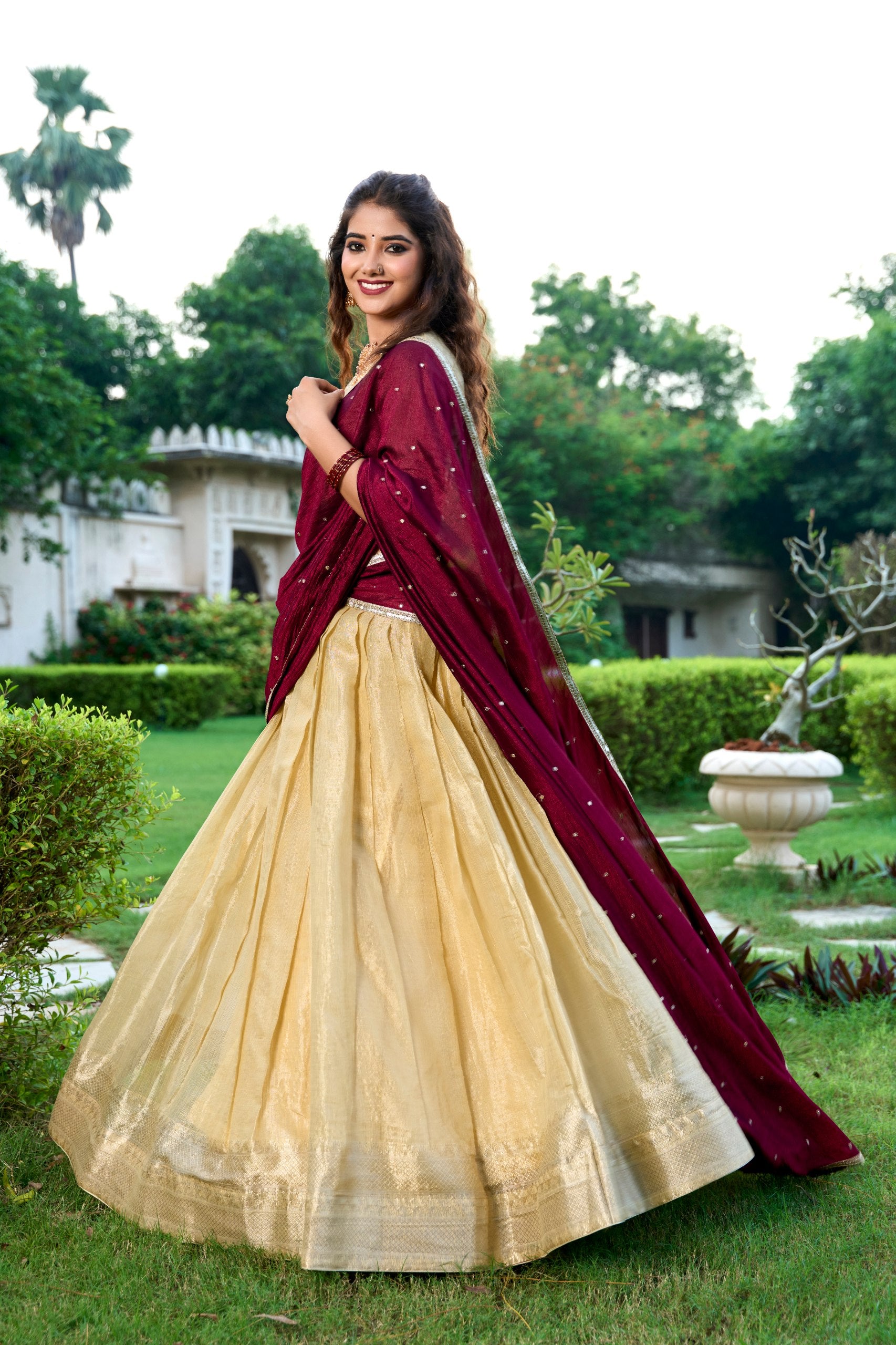 Womenline Golden Color Kanchipuram Designer Half Saree