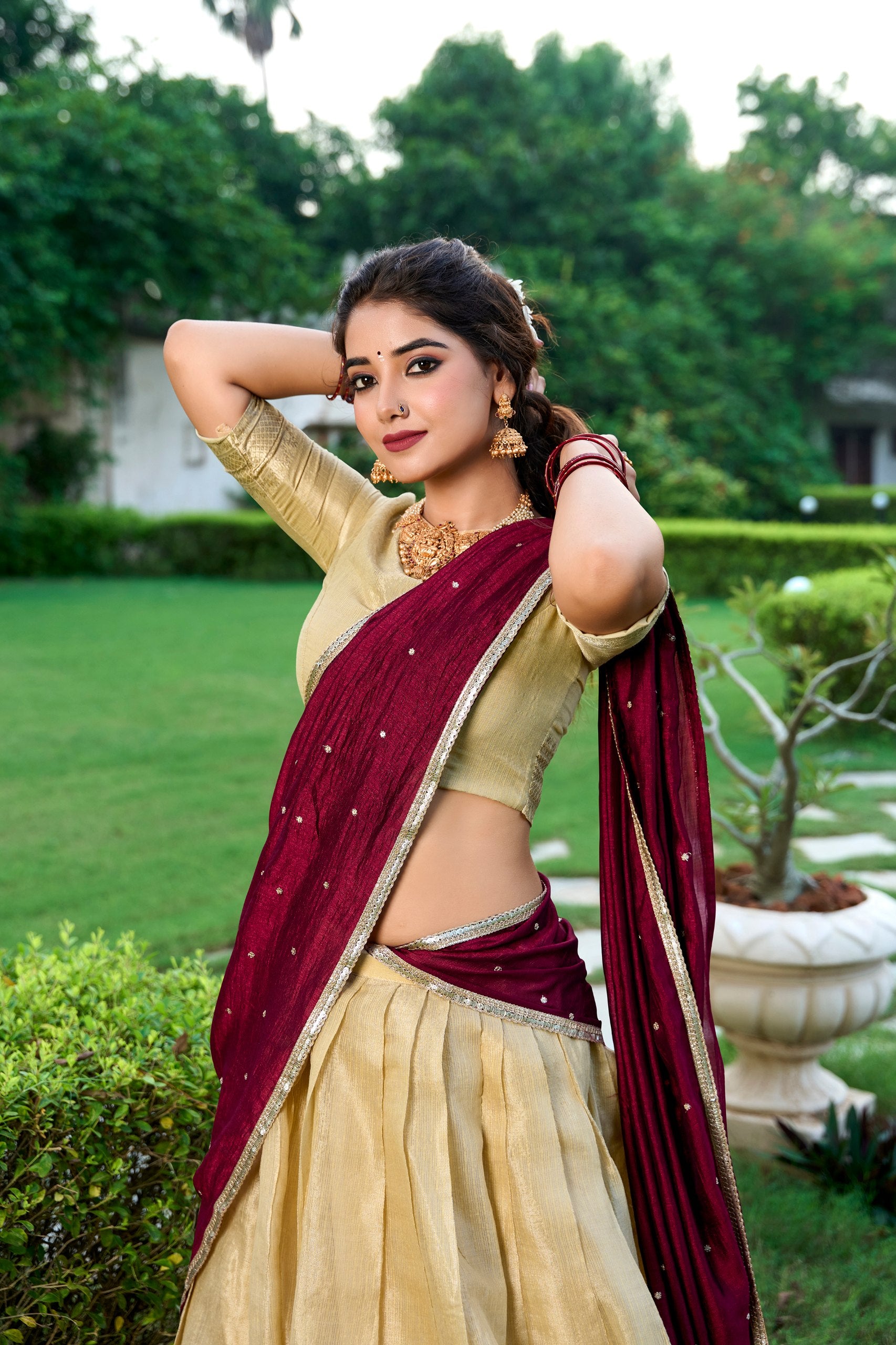 Womenline Golden Color Kanchipuram Designer Half Saree