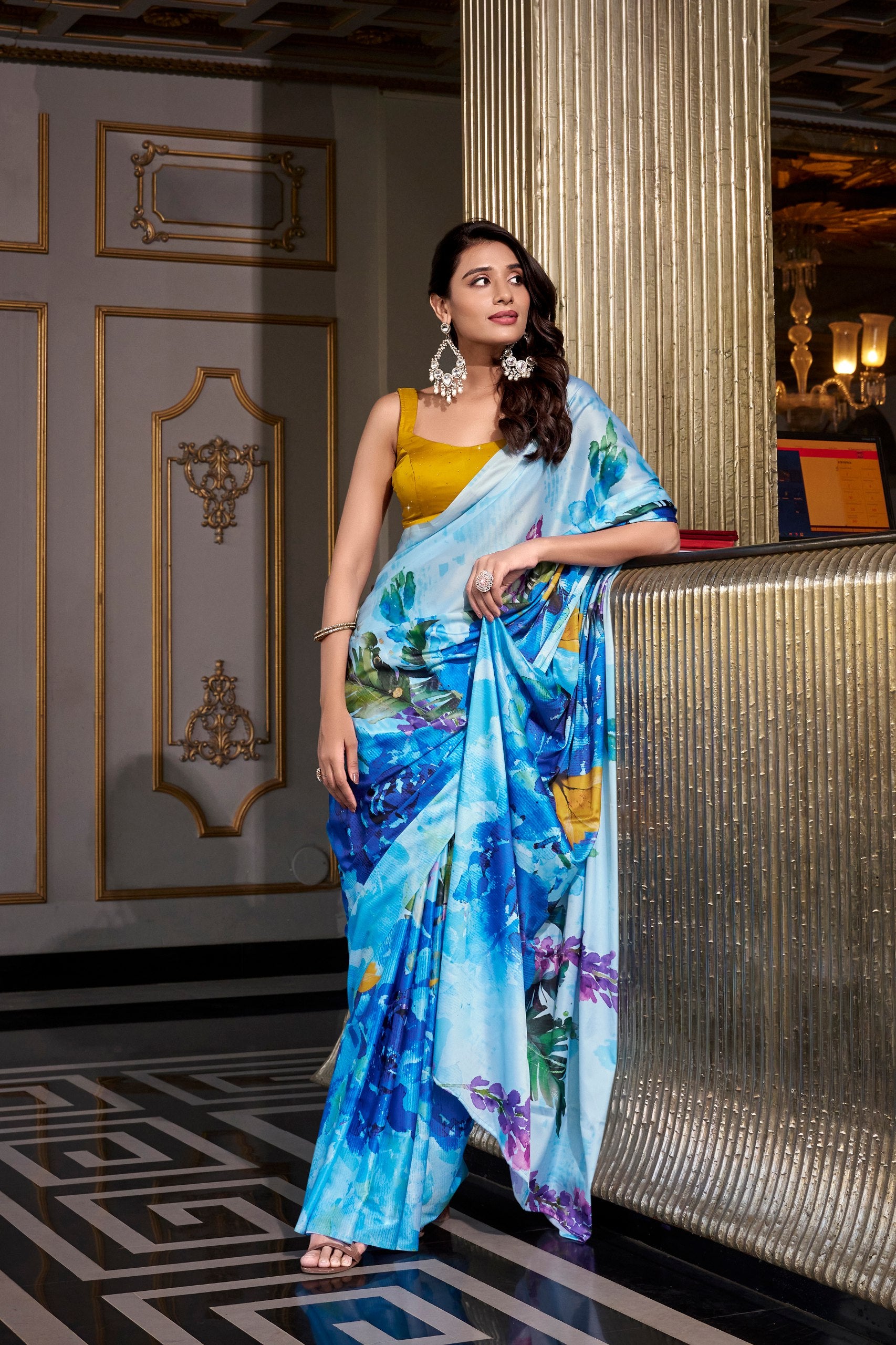 Womenline Blue Color Satin Silk saree