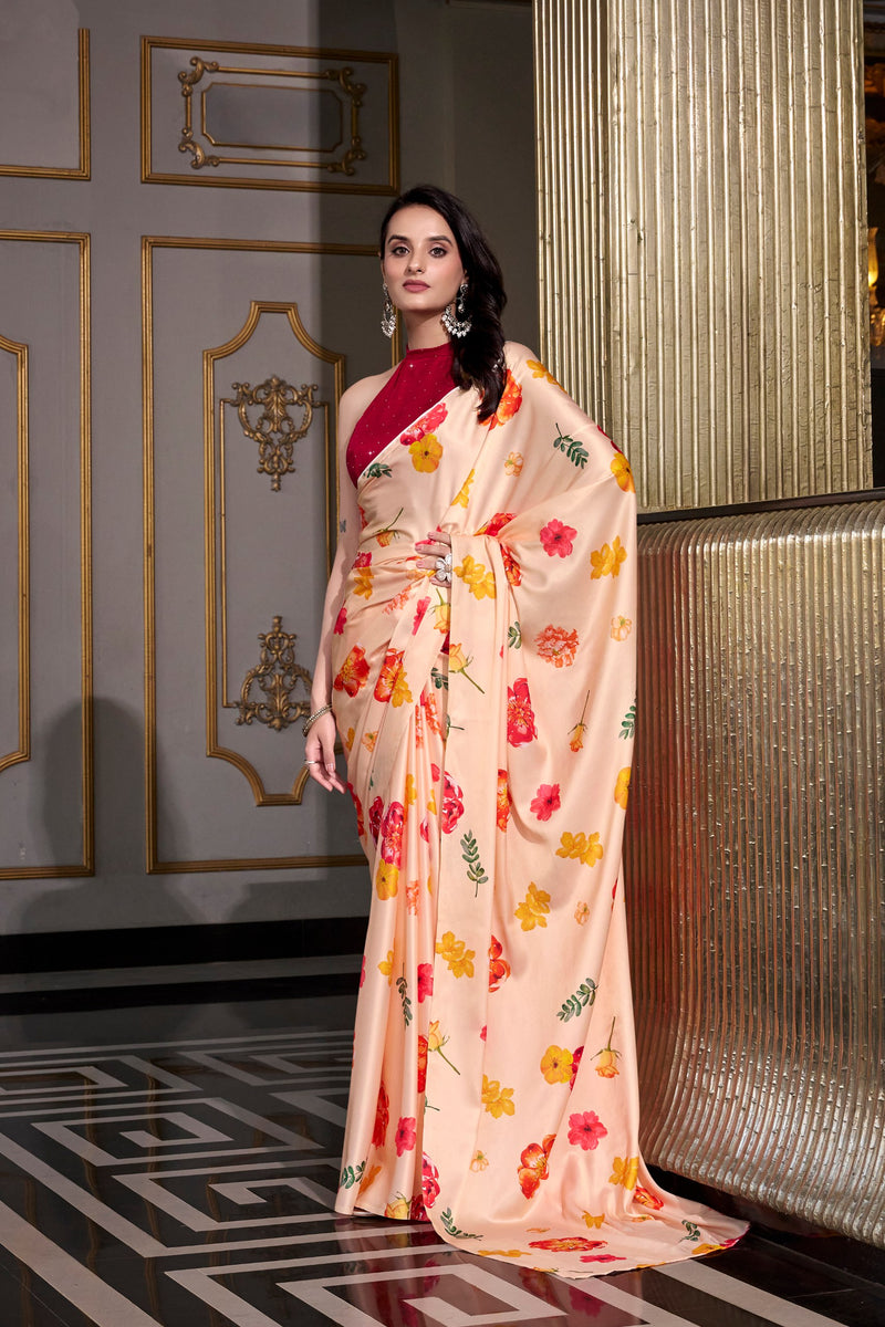 Womenline Orange Color Satin Silk Saree