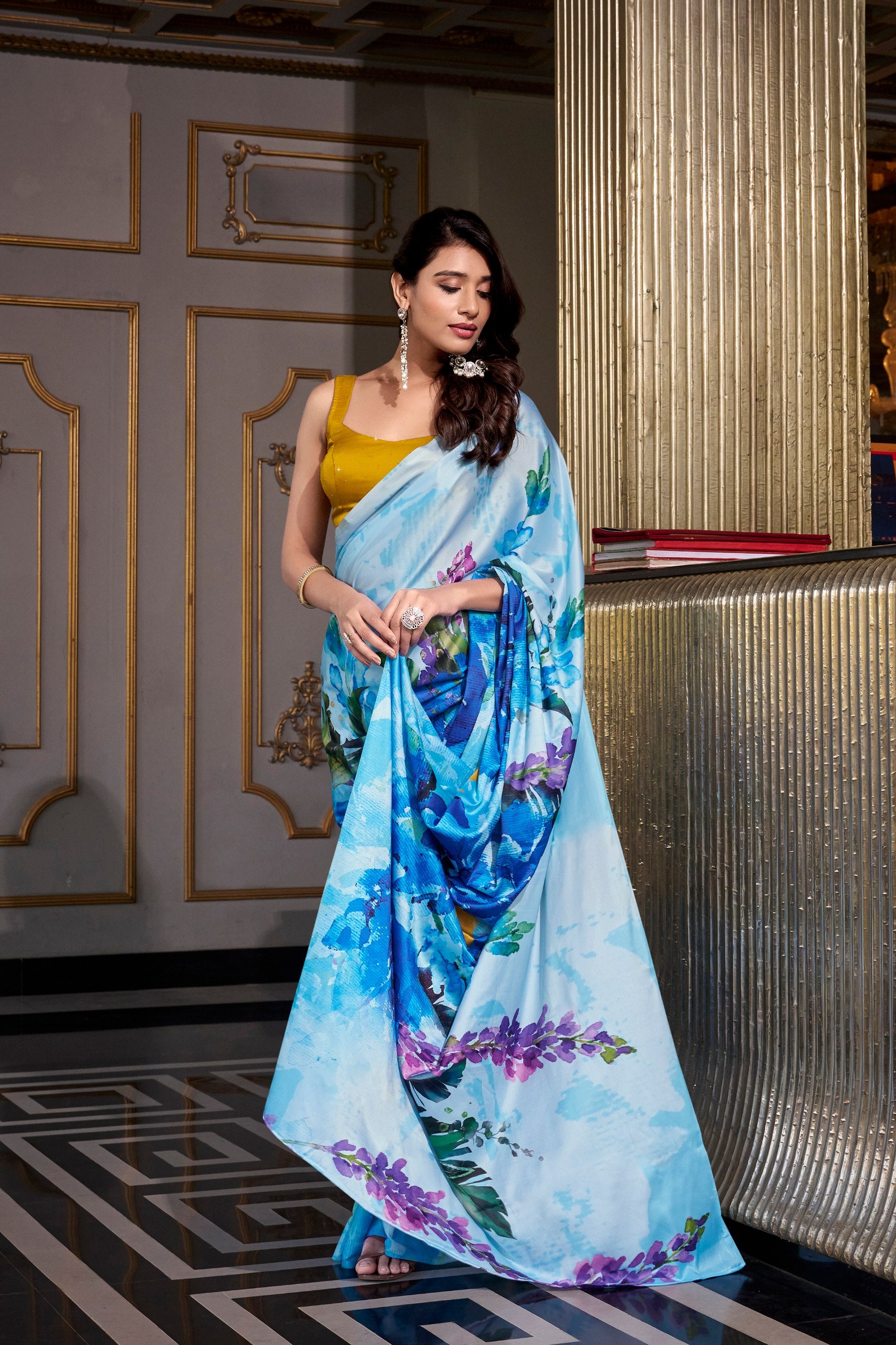 Womenline Blue Color Satin Silk saree