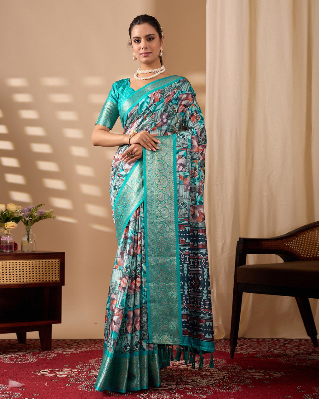 Womenline Aqua Blue Geometric Printed Banarasi Silk Saree with Rich Zari Border