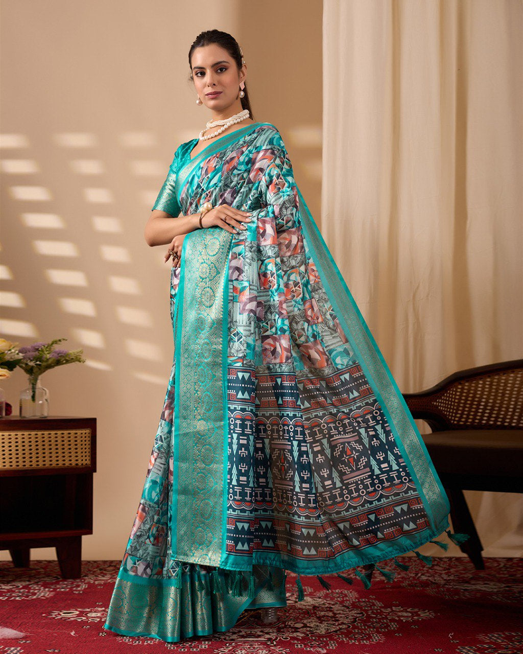 Womenline Aqua Blue Geometric Printed Banarasi Silk Saree with Rich Zari Border