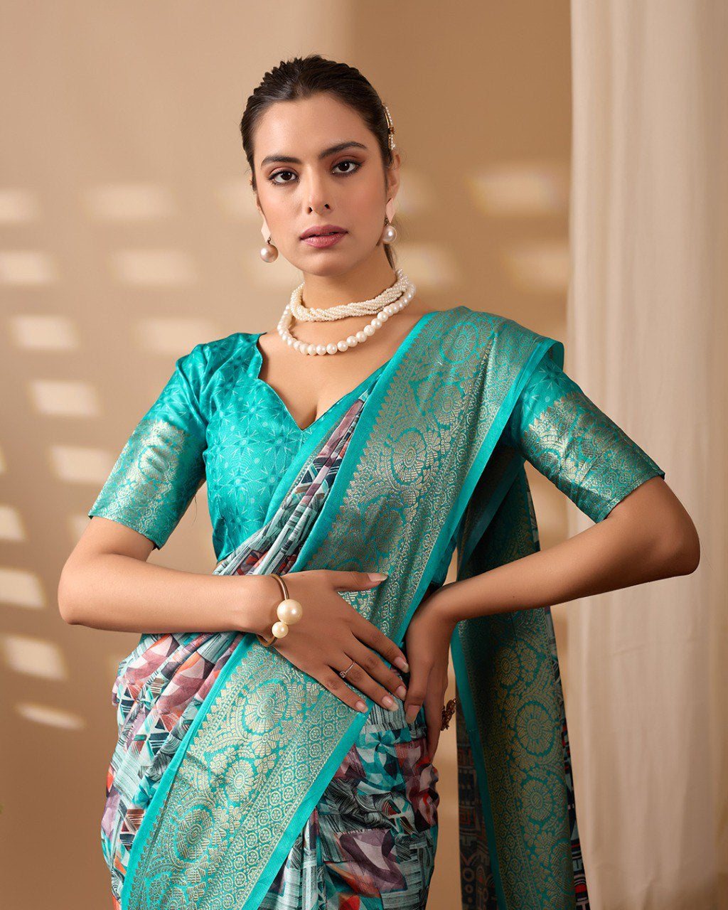 Womenline Aqua Blue Geometric Printed Banarasi Silk Saree with Rich Zari Border