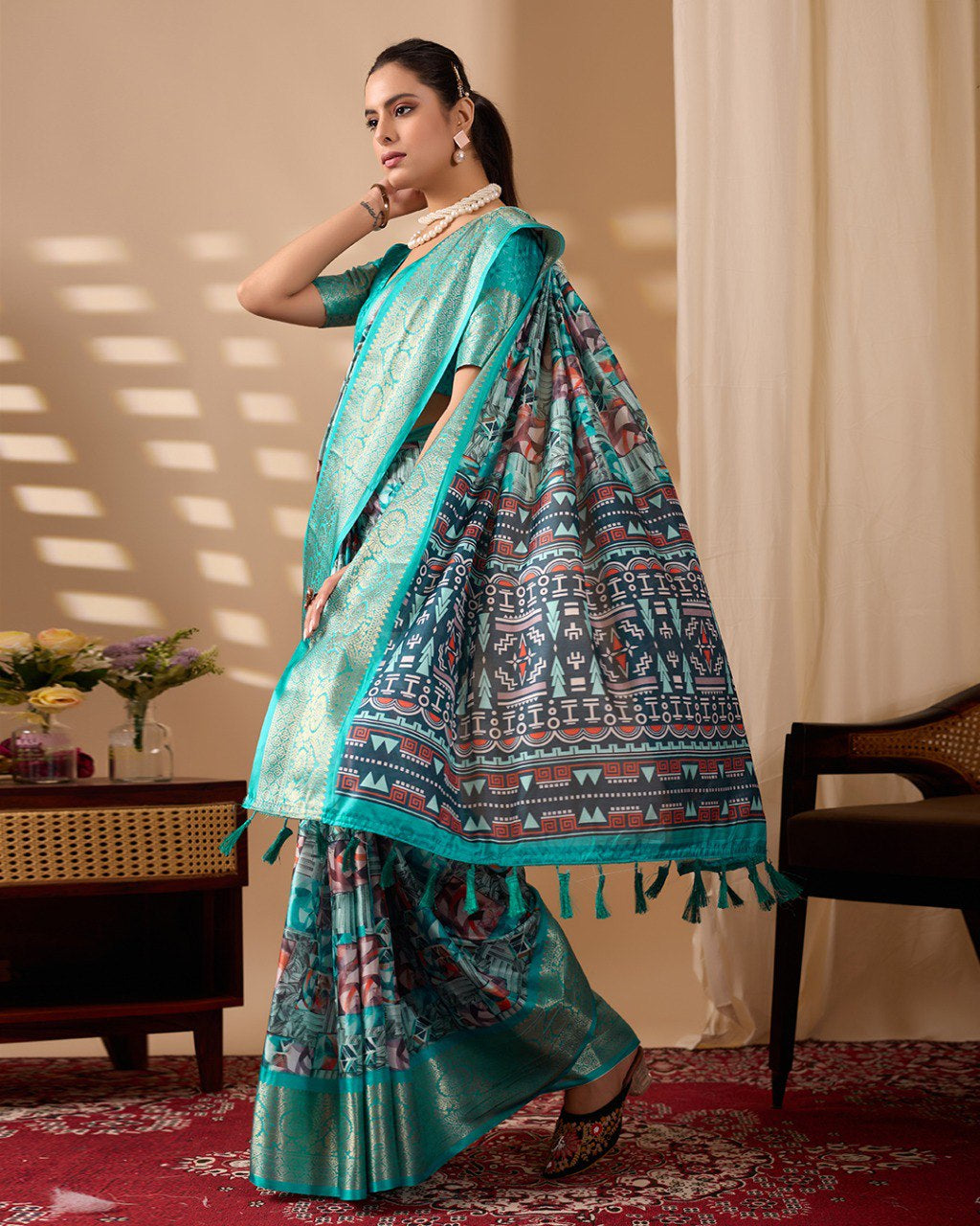 Womenline Aqua Blue Geometric Printed Banarasi Silk Saree with Rich Zari Border