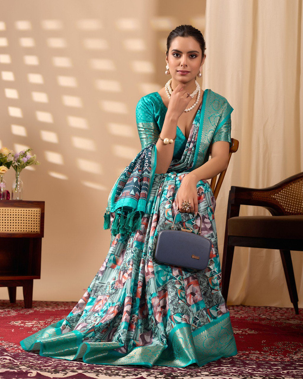 Womenline Aqua Blue Geometric Printed Banarasi Silk Saree with Rich Zari Border