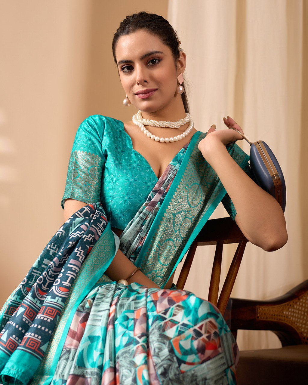 Womenline Aqua Blue Geometric Printed Banarasi Silk Saree with Rich Zari Border