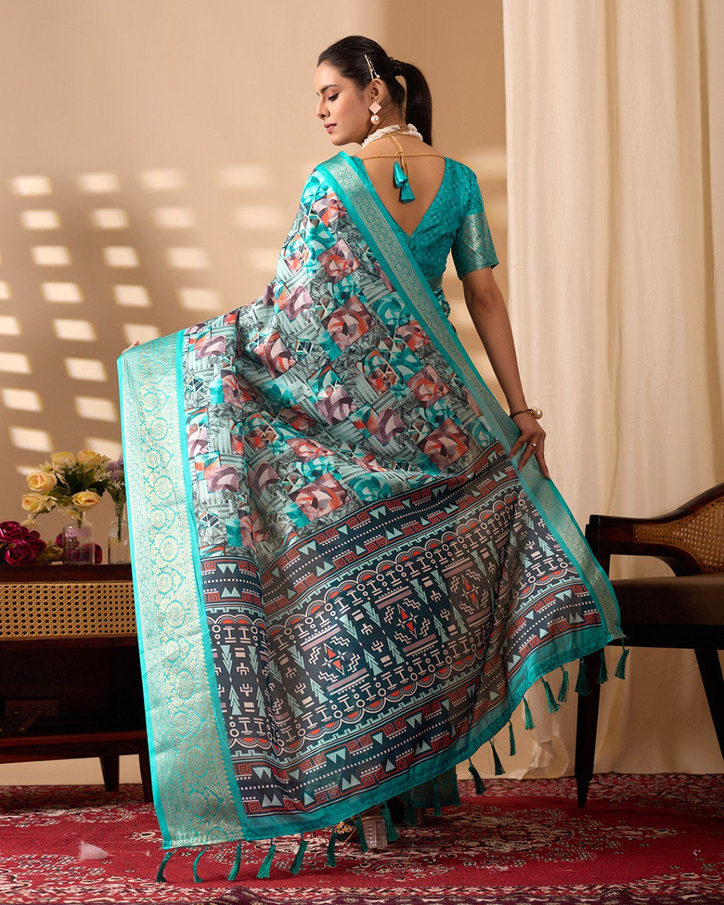 Womenline Aqua Blue Geometric Printed Banarasi Silk Saree with Rich Zari Border