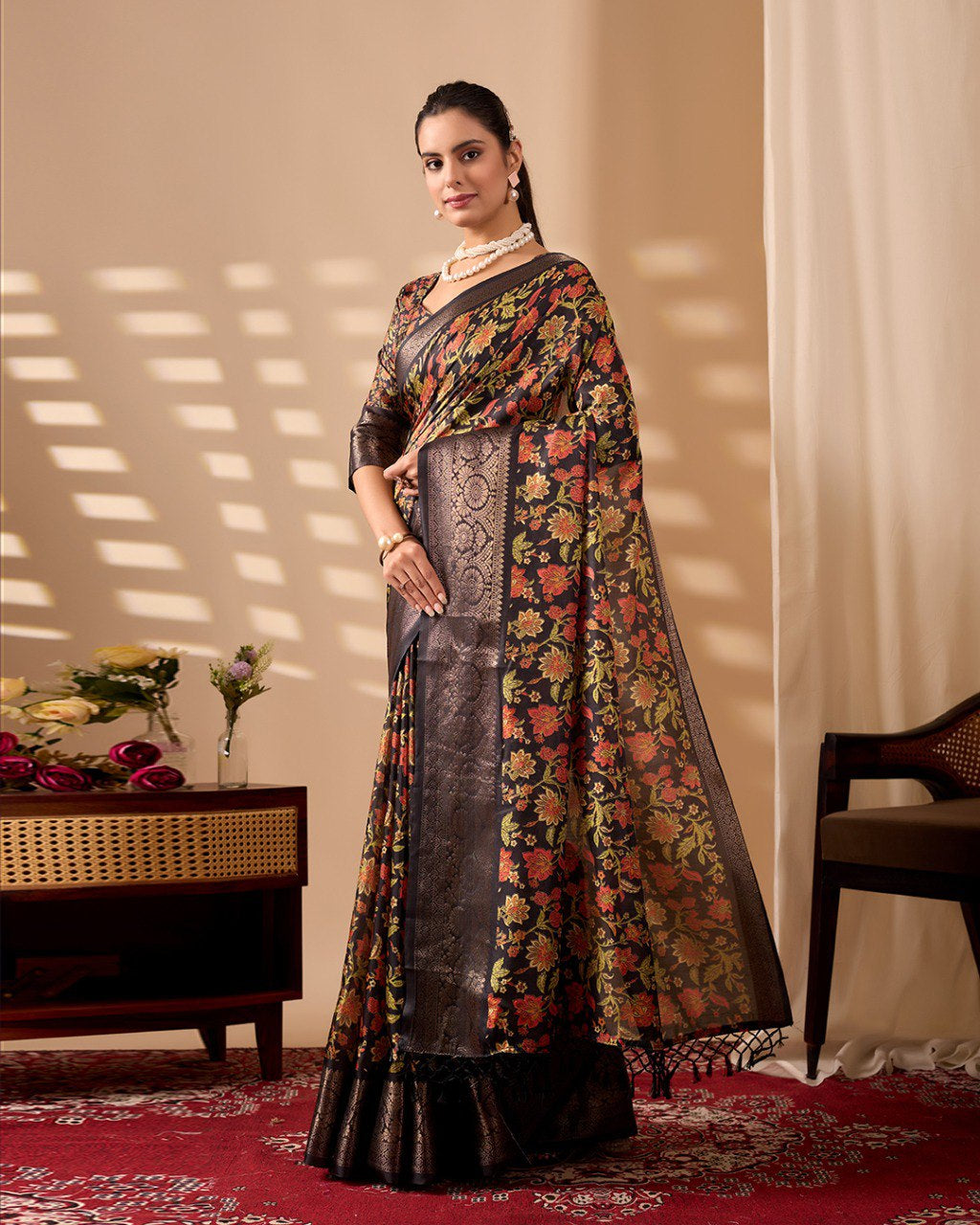 Womenline Black Floral Banarasi Silk Saree with Rich Zari Border & Elegant Woven Pallu