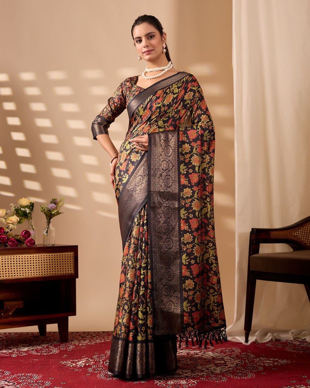 Womenline Black Floral Banarasi Silk Saree with Rich Zari Border & Elegant Woven Pallu