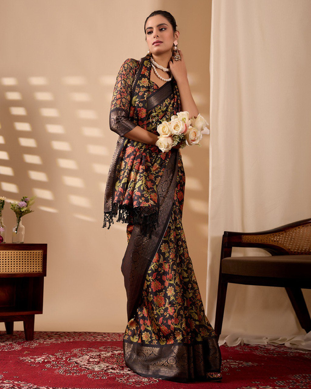 Womenline Black Floral Banarasi Silk Saree with Rich Zari Border & Elegant Woven Pallu