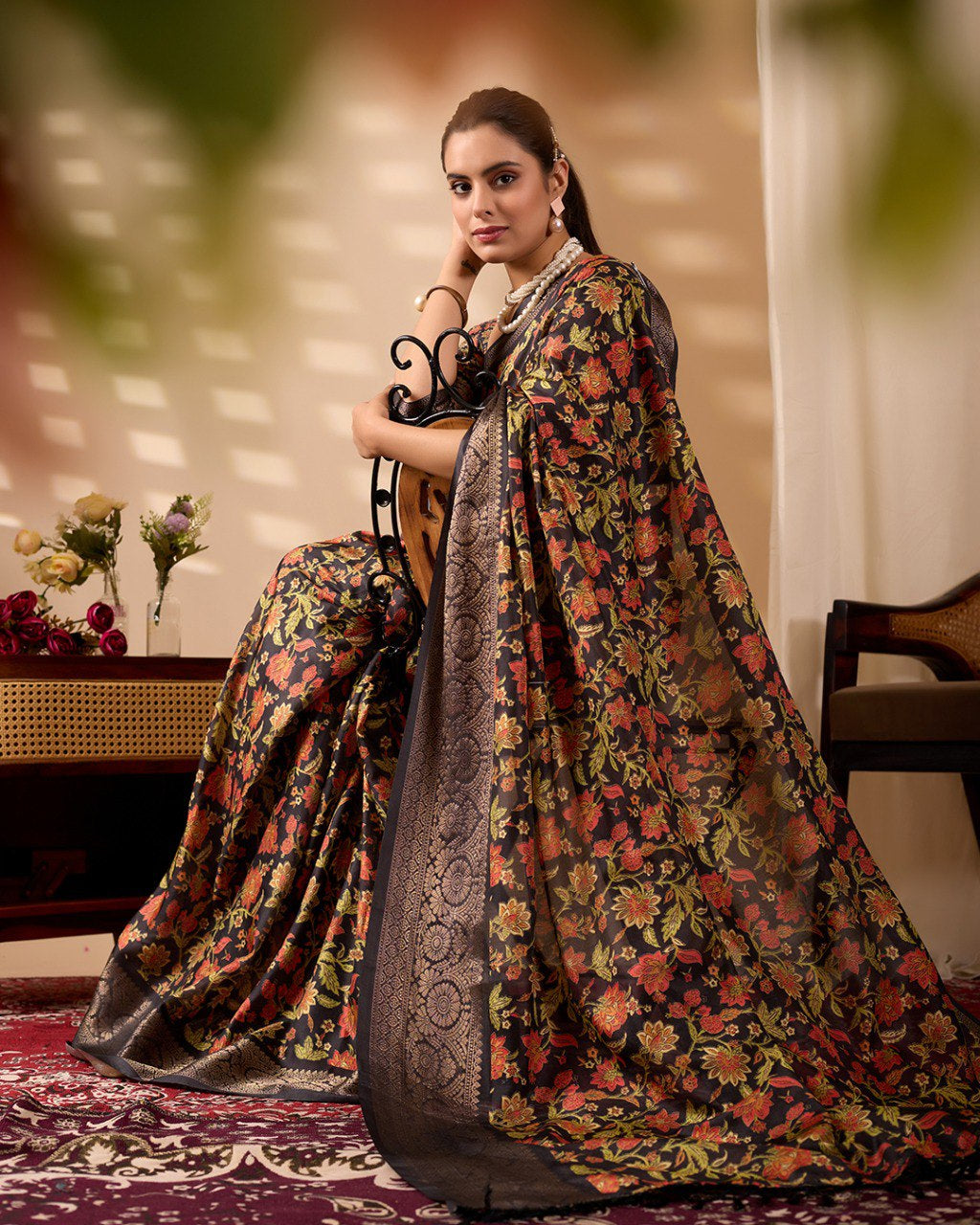 Womenline Black Floral Banarasi Silk Saree with Rich Zari Border & Elegant Woven Pallu